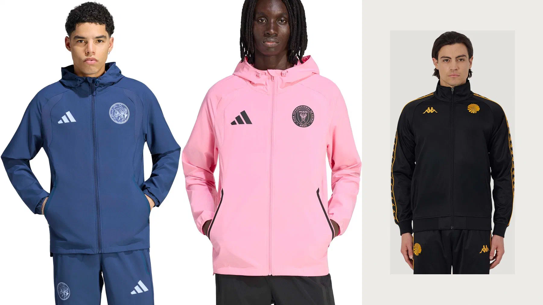 Veste à capuche Ajax bleu acier, coupe-vent Inter Miami rose et veste Kaizer Chiefs noire à bandes dorées, portés