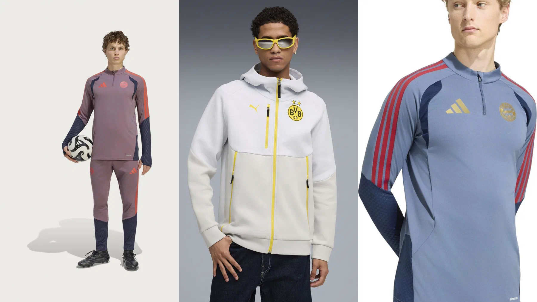 Ensemble d'entraînement mauve du Bayern Munich, veste à capuche blanche du Borussia Dortmund et sweat bleu acier du Bayern portés