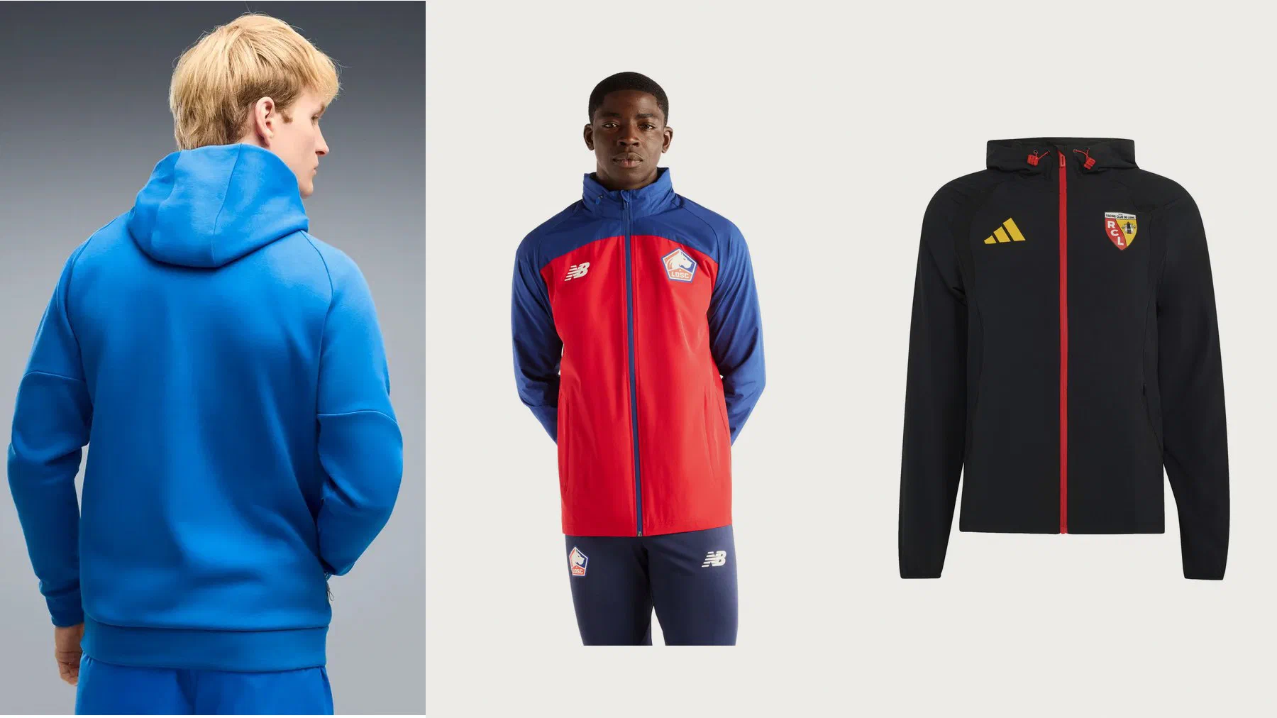 Veste à capuche PUMATECH OM bleu roi portée de dos, veste imperméable LOSC rouge et bleu portée et coupe-vent RC Lens adidas noir à zip rouge