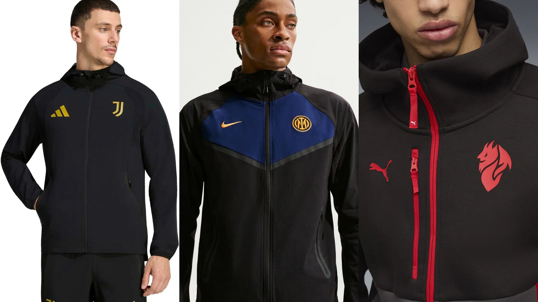 Veste Travel Juventus noire portée, coupe-vent Inter Milan noir à empiècement bleu marine et gros plan d'une veste à capuche Milan AC au diable rouge