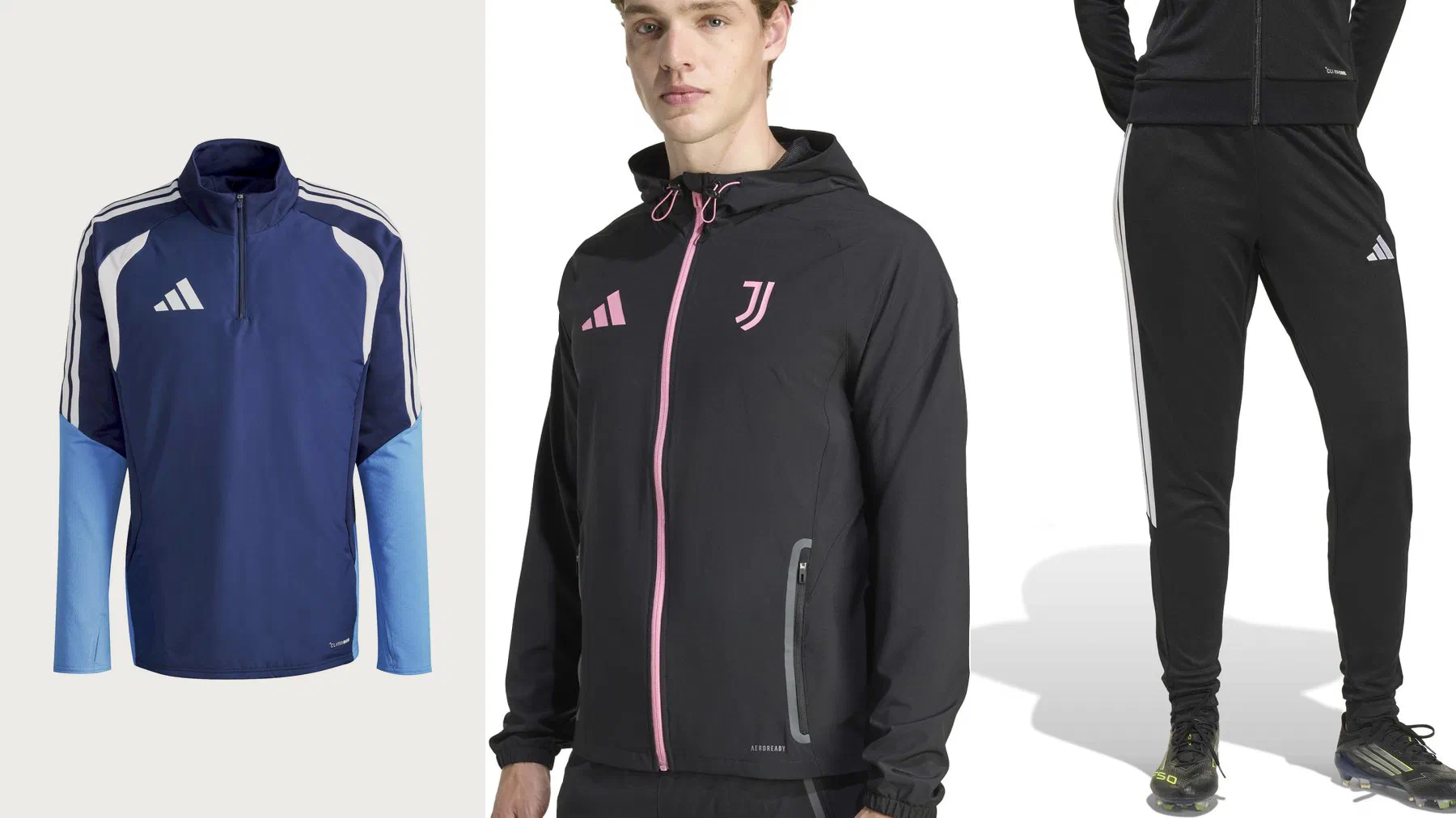 Sweat adidas Tiro Winter bleu marine à manches bleu ciel, veste Juventus Tiro noire à zip rose portée et pantalon Tiro26 noir à bandes blanches