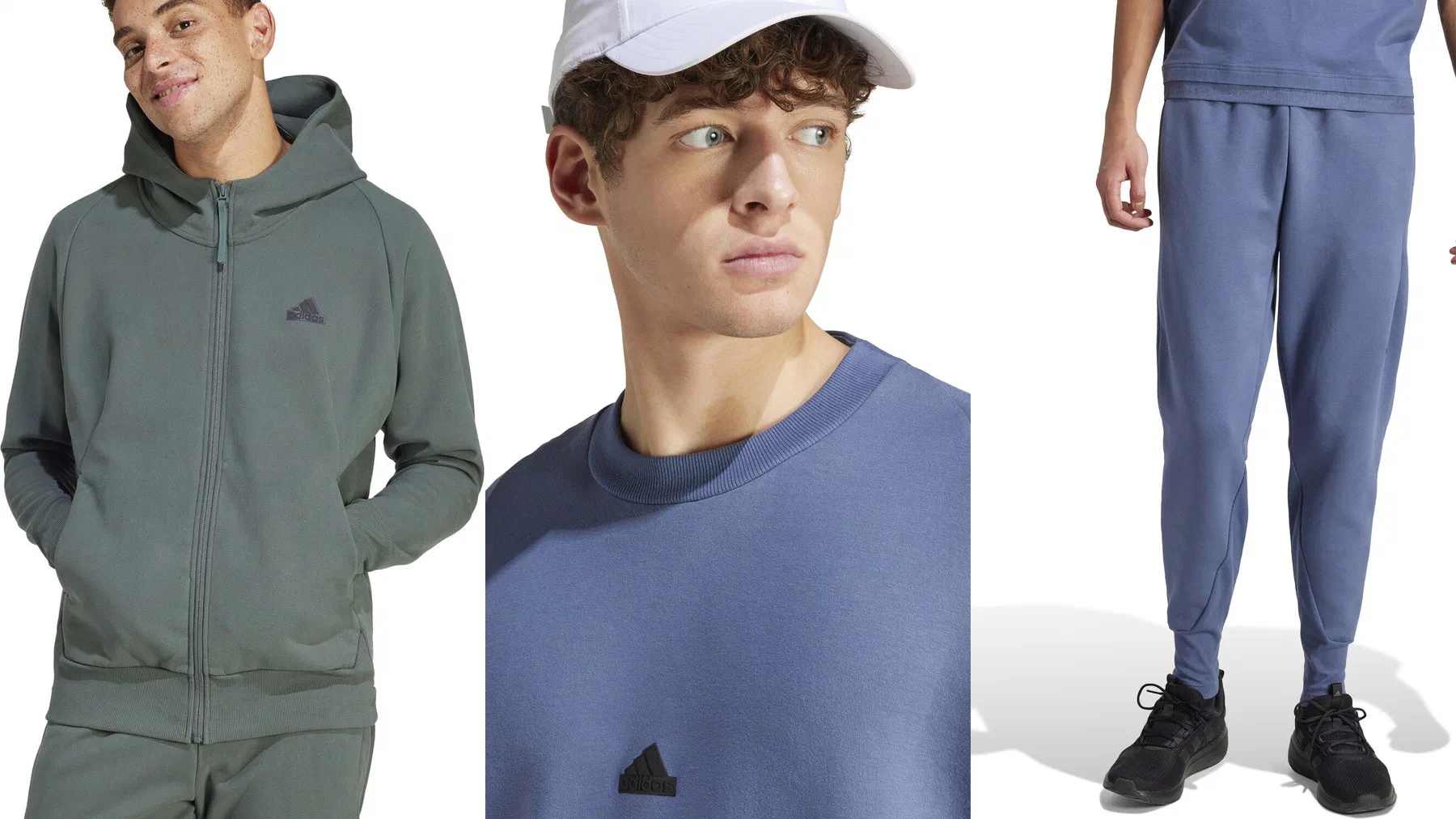 Veste à capuche adidas Z.N.E vert de gris, sweat col rond Z.N.E bleu en gros plan, pantalon Z.N.E bleu porté