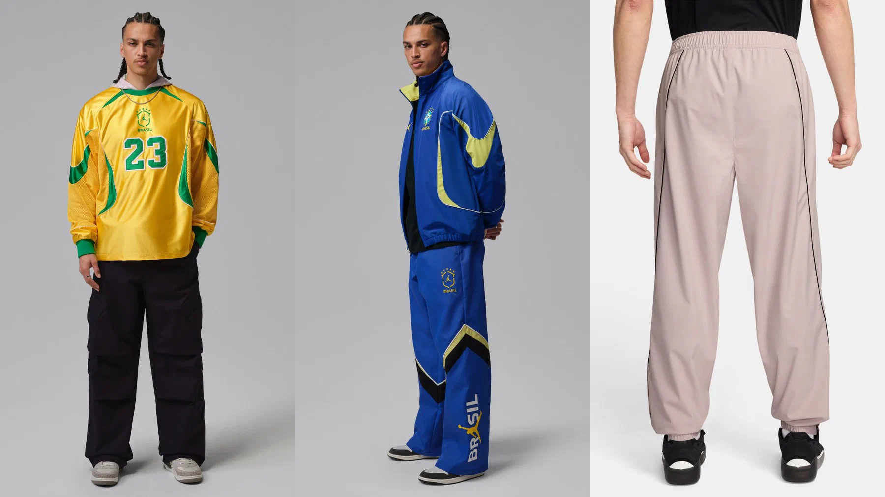 Sweat Brésil Jordan jaune numéro 23, veste Anthem et pantalon Lifestyle bleu du Brésil, pantalon tissé PSG x Jordan rose pâle vu de dos