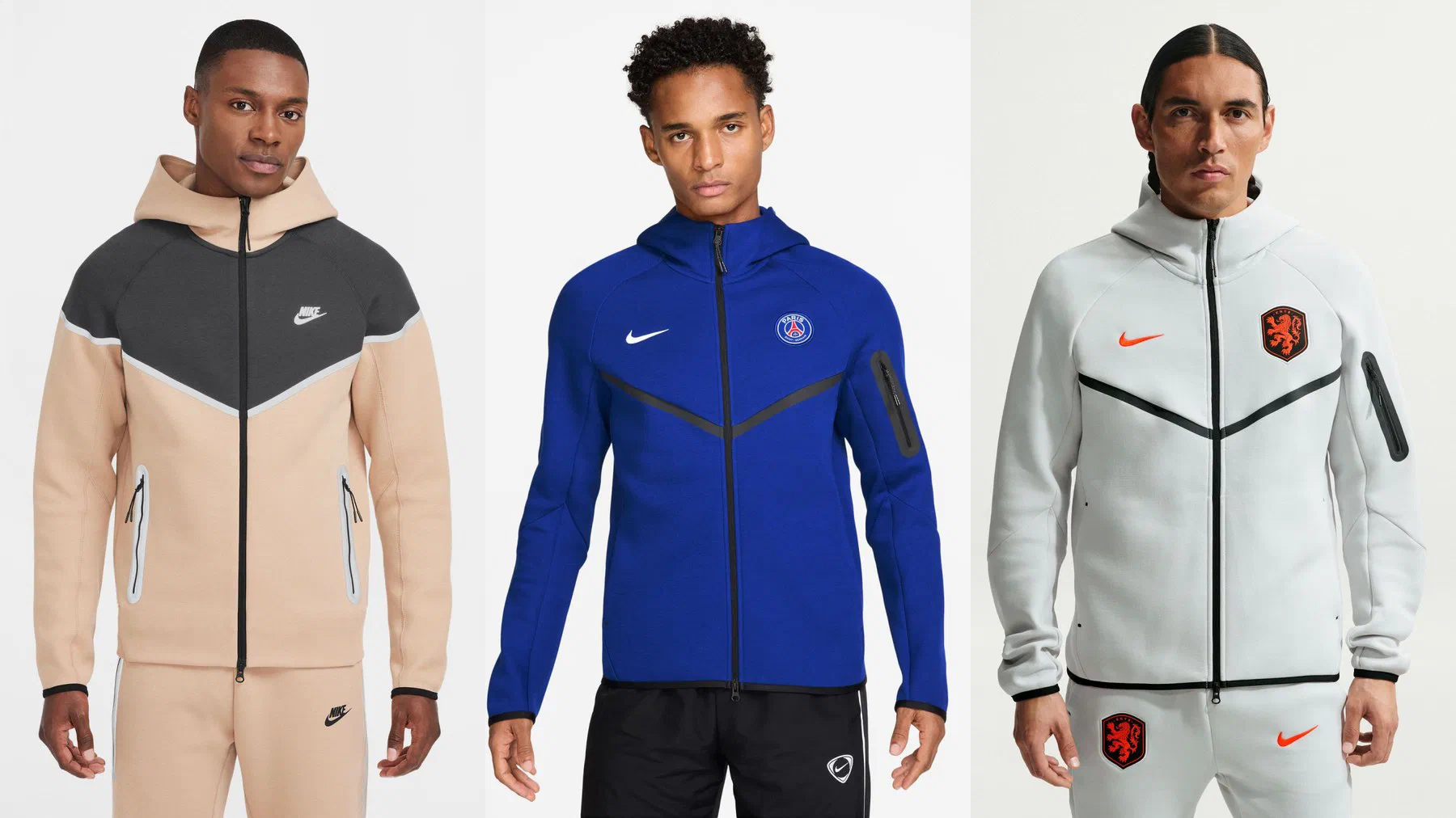Veste Tech Fleece Windrunner beige et anthracite, veste Tech Fleece PSG bleu roi et veste Tech Fleece Pays-Bas gris clair à écusson orange