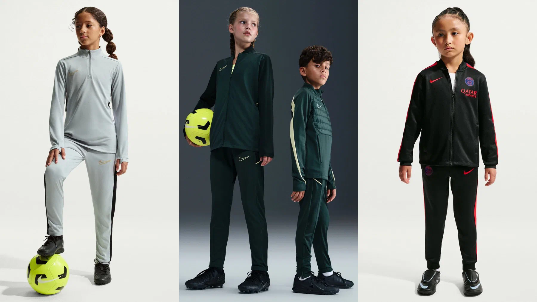Enfants en survêtement Nike Academy gris et vert foncé, et petite fille en ensemble PSG Strike noir et rouge