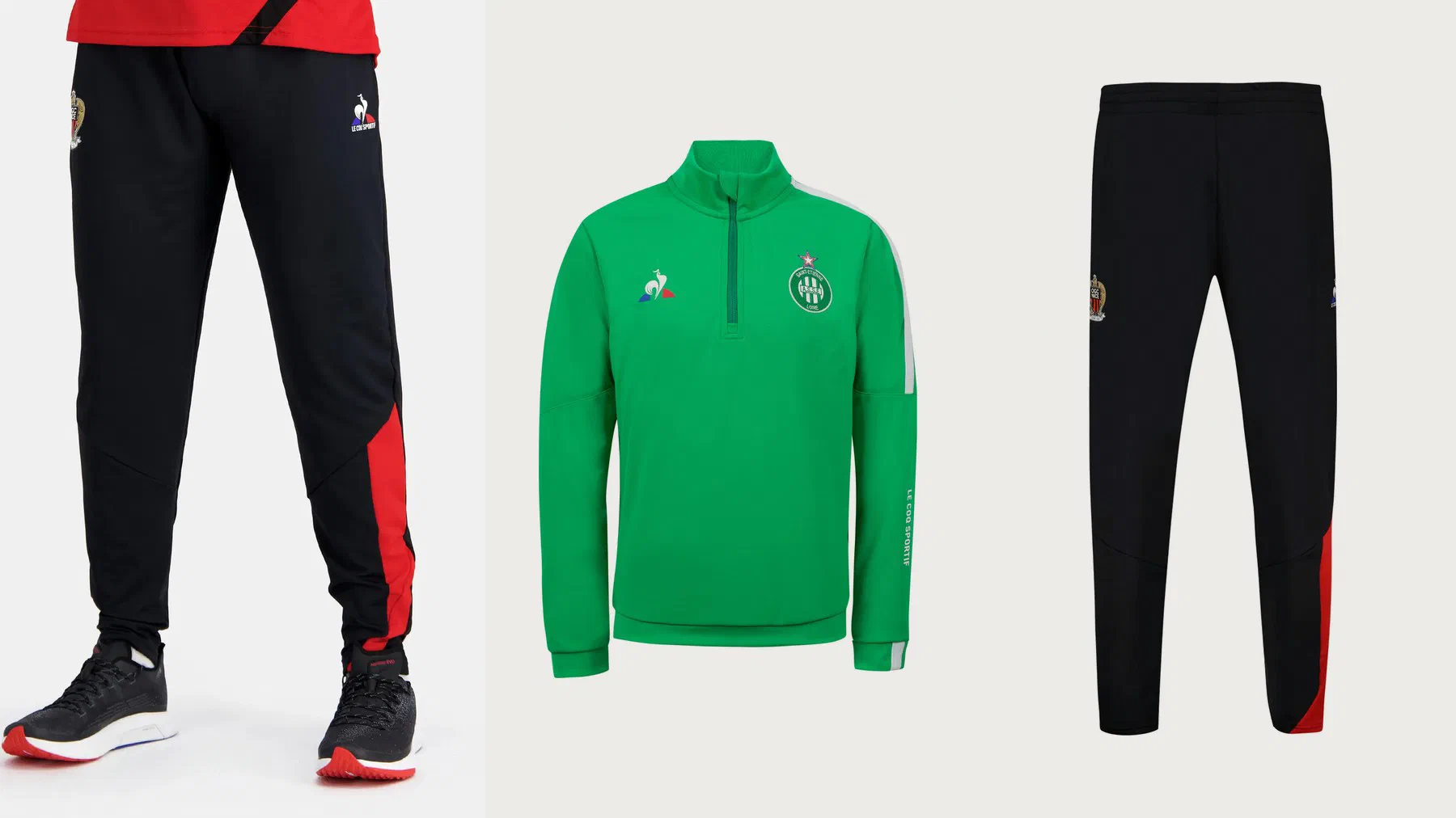 Pantalon de survêtement OGC Nice noir à empiècement rouge porté, sweat zippé junior ASSE vert et le même pantalon niçois à plat