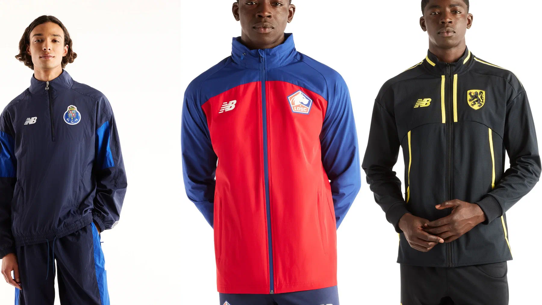 Haut tissé FC Porto bleu marine, veste imperméable LOSC rouge et bleue et veste avant-match LOSC noire à liserés jaunes, portés