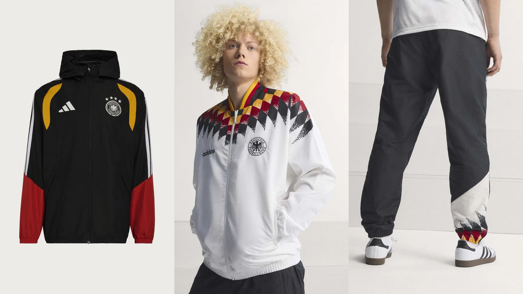 Veste imperméable Allemagne noire à épaules jaune or et manches rouges, veste rétro 94 blanche à motif en losanges noir rouge or, pantalon rétro 94 noir vu de dos