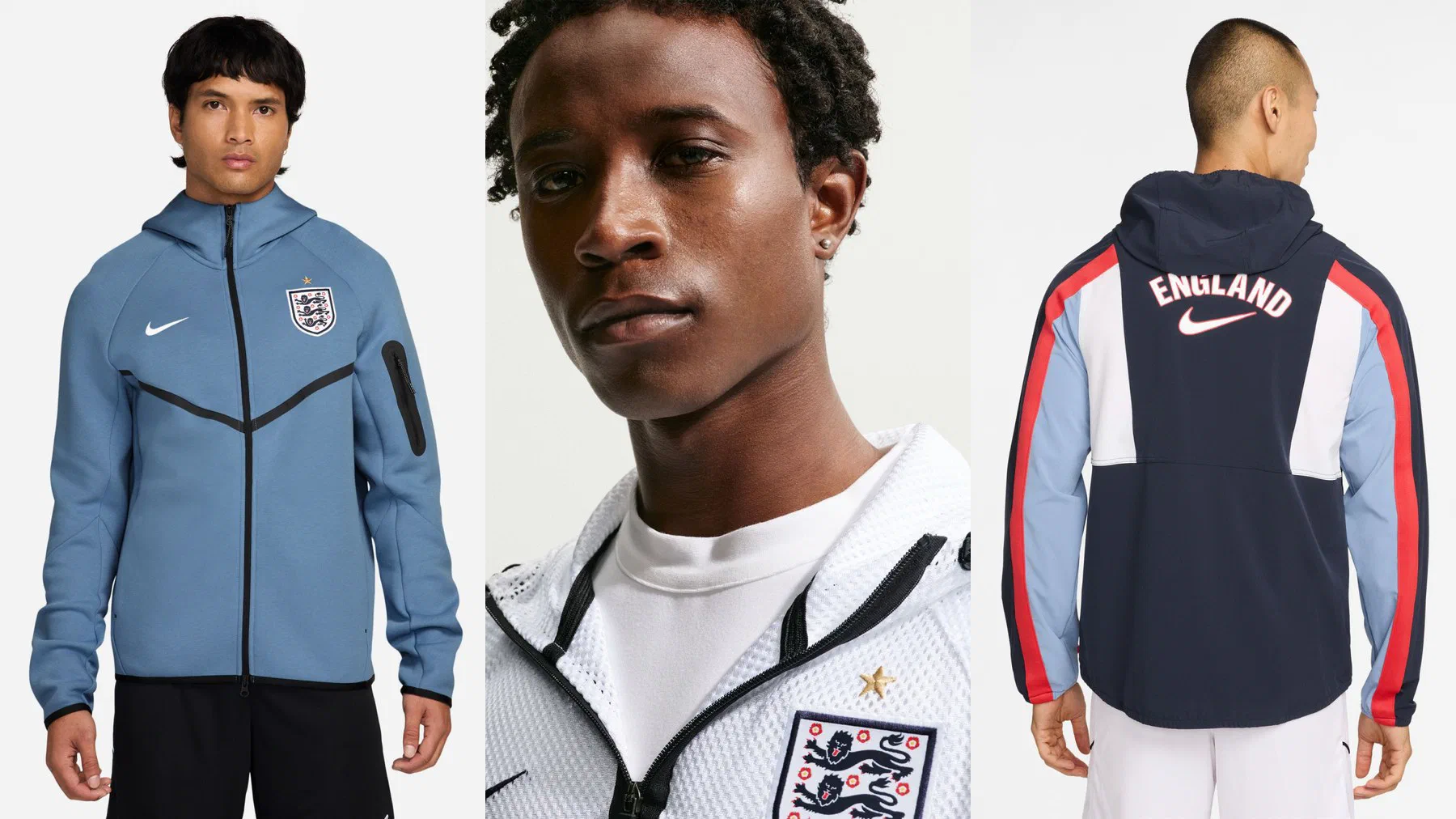 Veste Tech Fleece Angleterre bleu ardoise portée, gros plan sur la veste Anthem blanche en filet et dos d'une veste Energy marine marquée ENGLAND