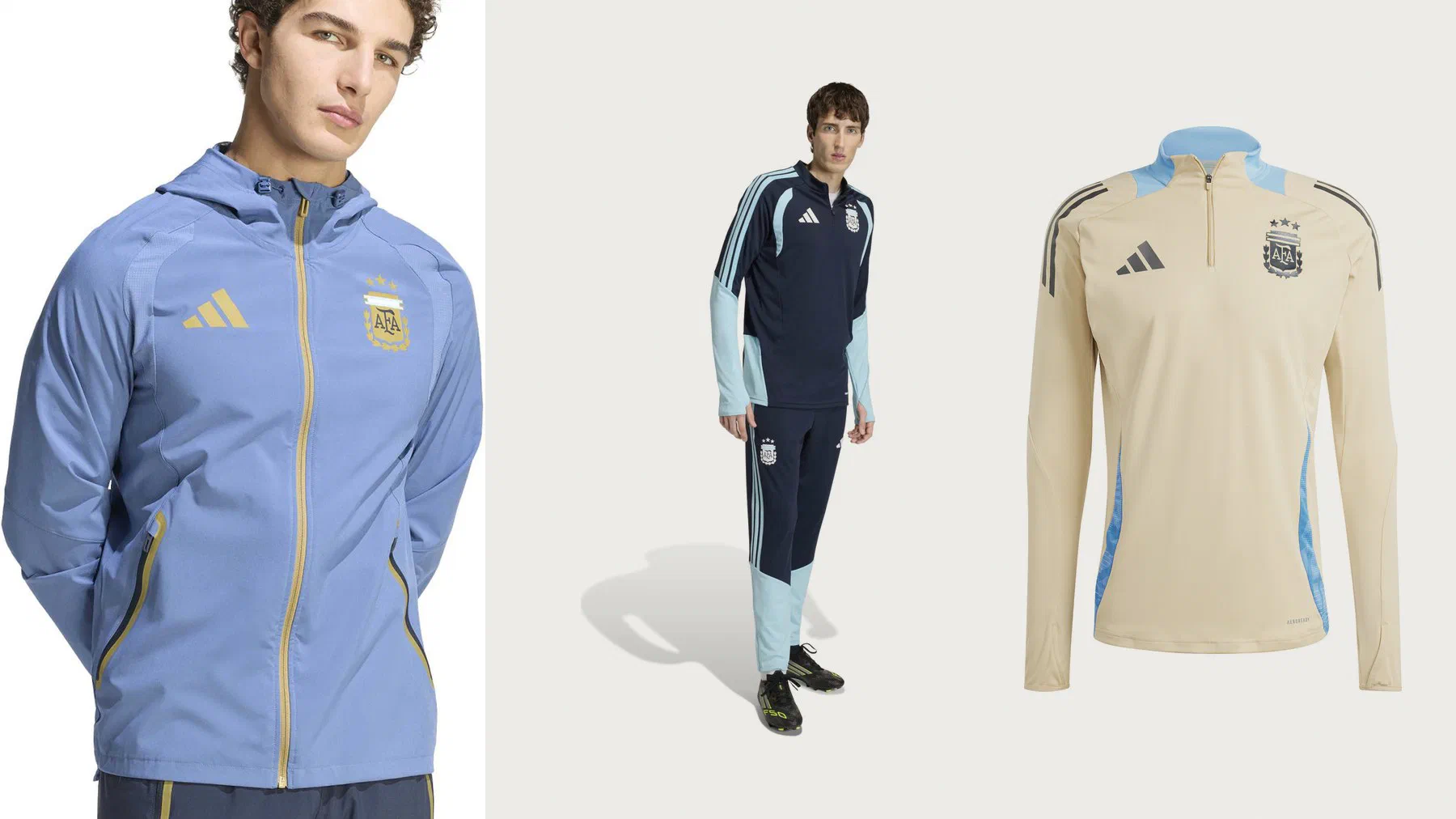 Veste à capuche bleu lavande à zip doré, ensemble marine et bleu ciel porté et sweat crème de l'Argentine