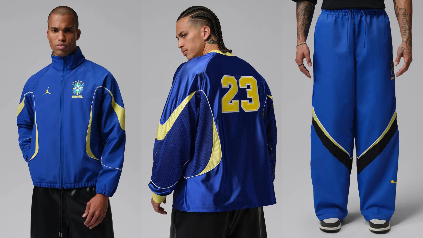 Veste Jordan Brésil bleu roi à empiècements jaunes, dos d'un sweat Jordan bleu numéro 23 et pantalon large bleu à chevrons noir et jaune