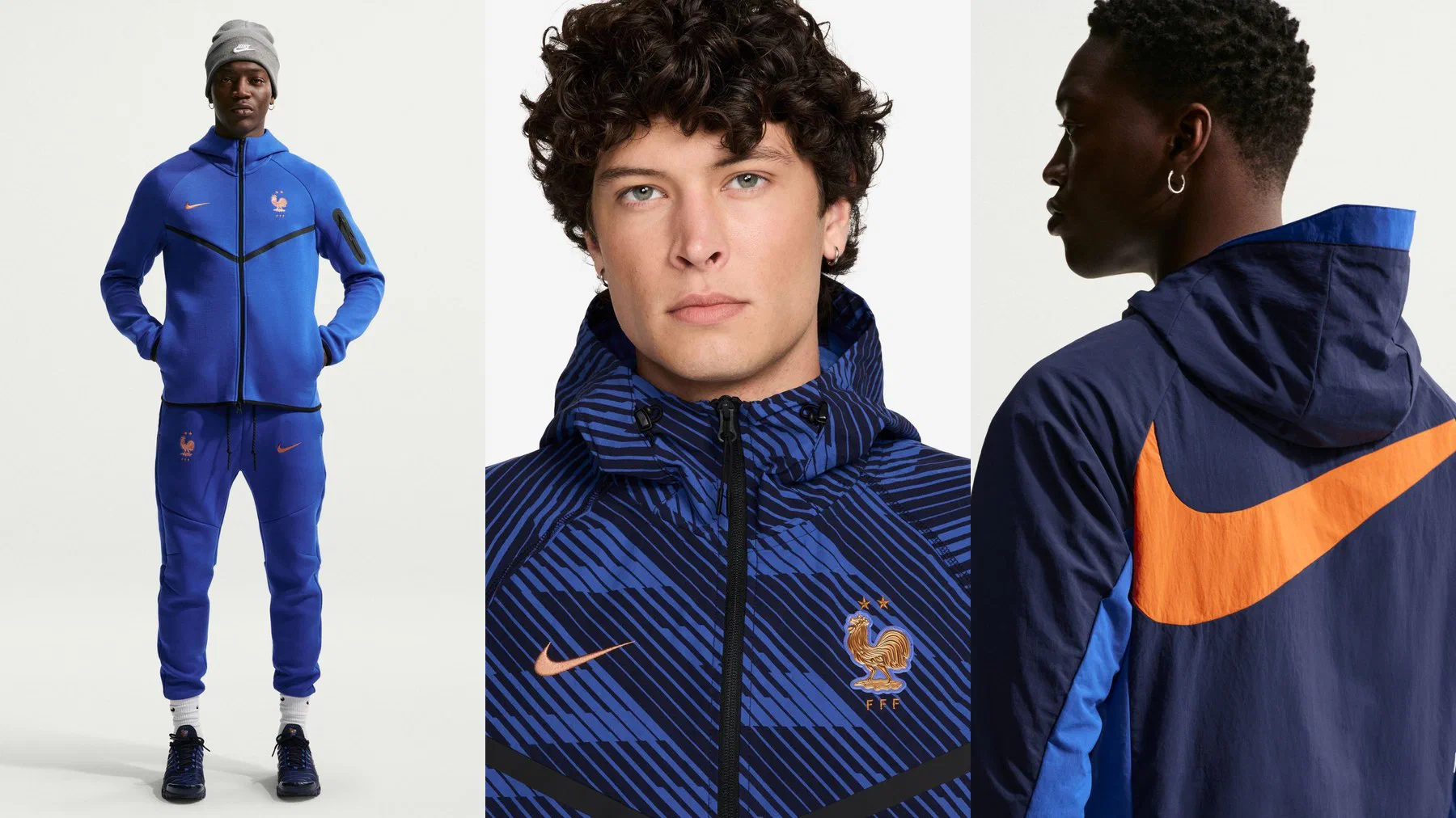 Ensemble Tech Fleece équipe de France bleu roi porté, veste Tech Woven à rayures bleues et coq cuivré, dos d'un coupe-vent marine au grand swoosh orange