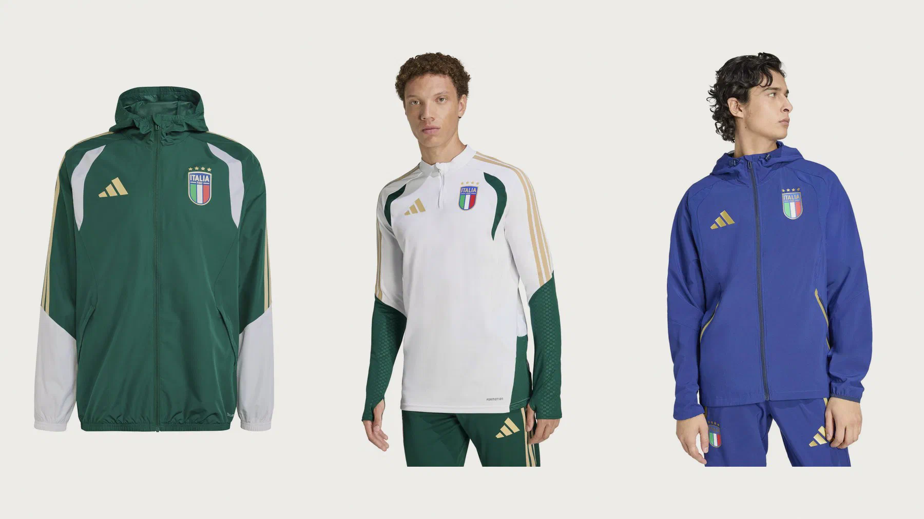 Veste imperméable Italie verte à épaules blanches, haut d'entraînement blanc à manches vertes et veste bleue portée, logos adidas dorés