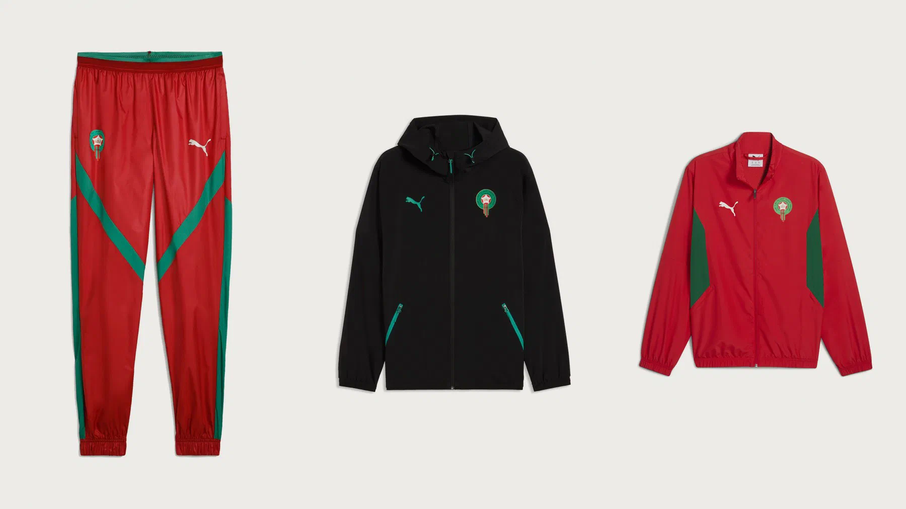 Pantalon tissé rouge à bandes vertes, veste à capuche tissée noire et veste ftblArchive rouge et verte du Maroc