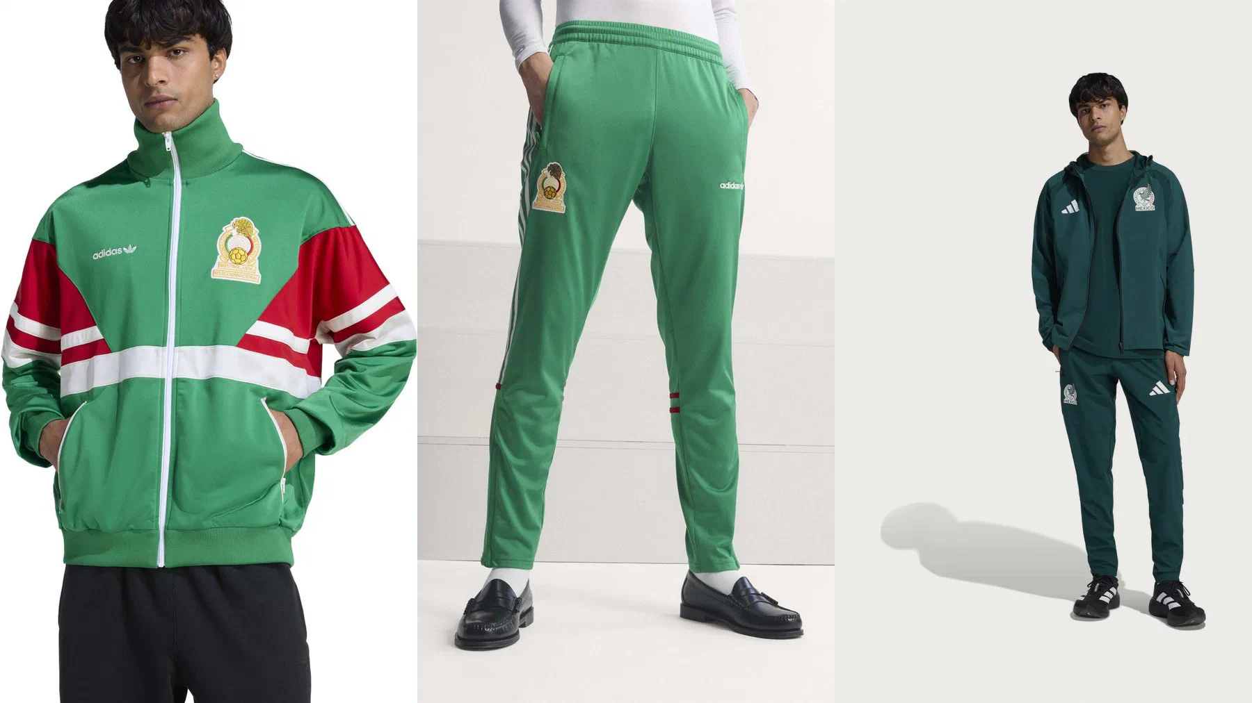 Veste Rétro 86 verte à bandes rouges et blanches, pantalon assorti porté et ensemble à capuche vert sapin du Mexique