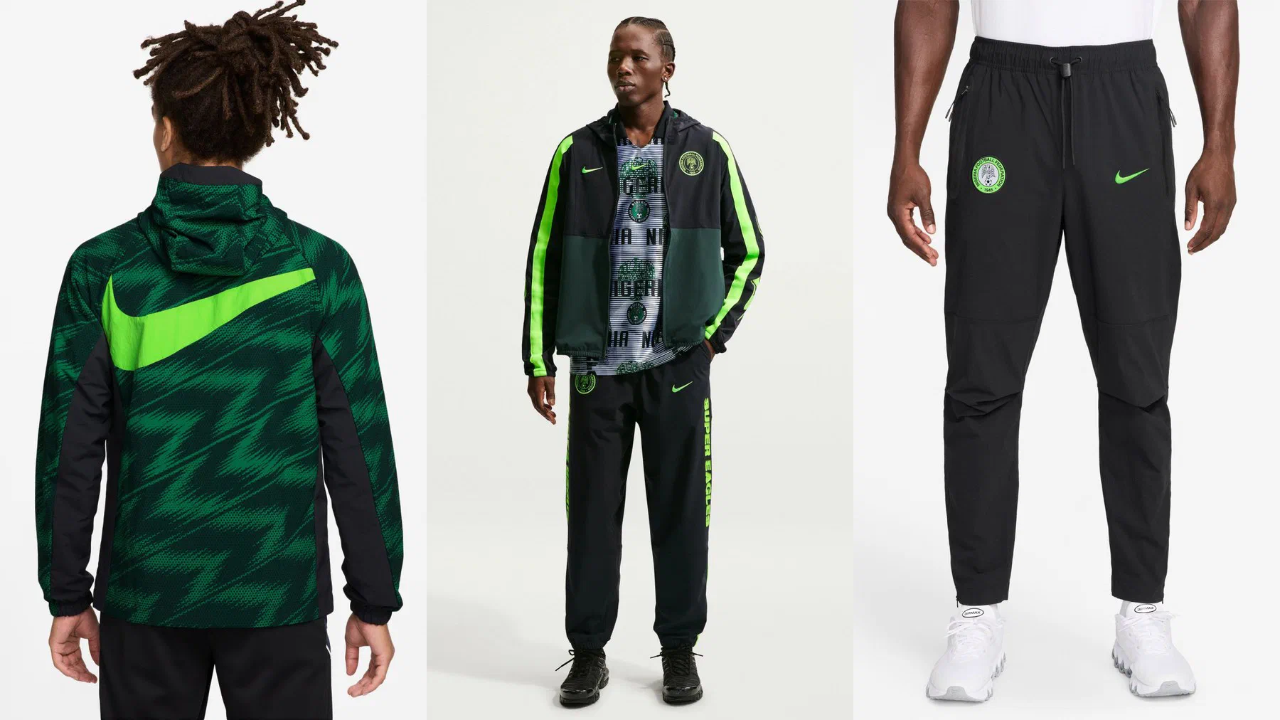 Dos du coupe-vent vert à zigzags et grand swoosh, ensemble Woven Energy noir et vert porté, et pantalon tissé noir du Nigeria