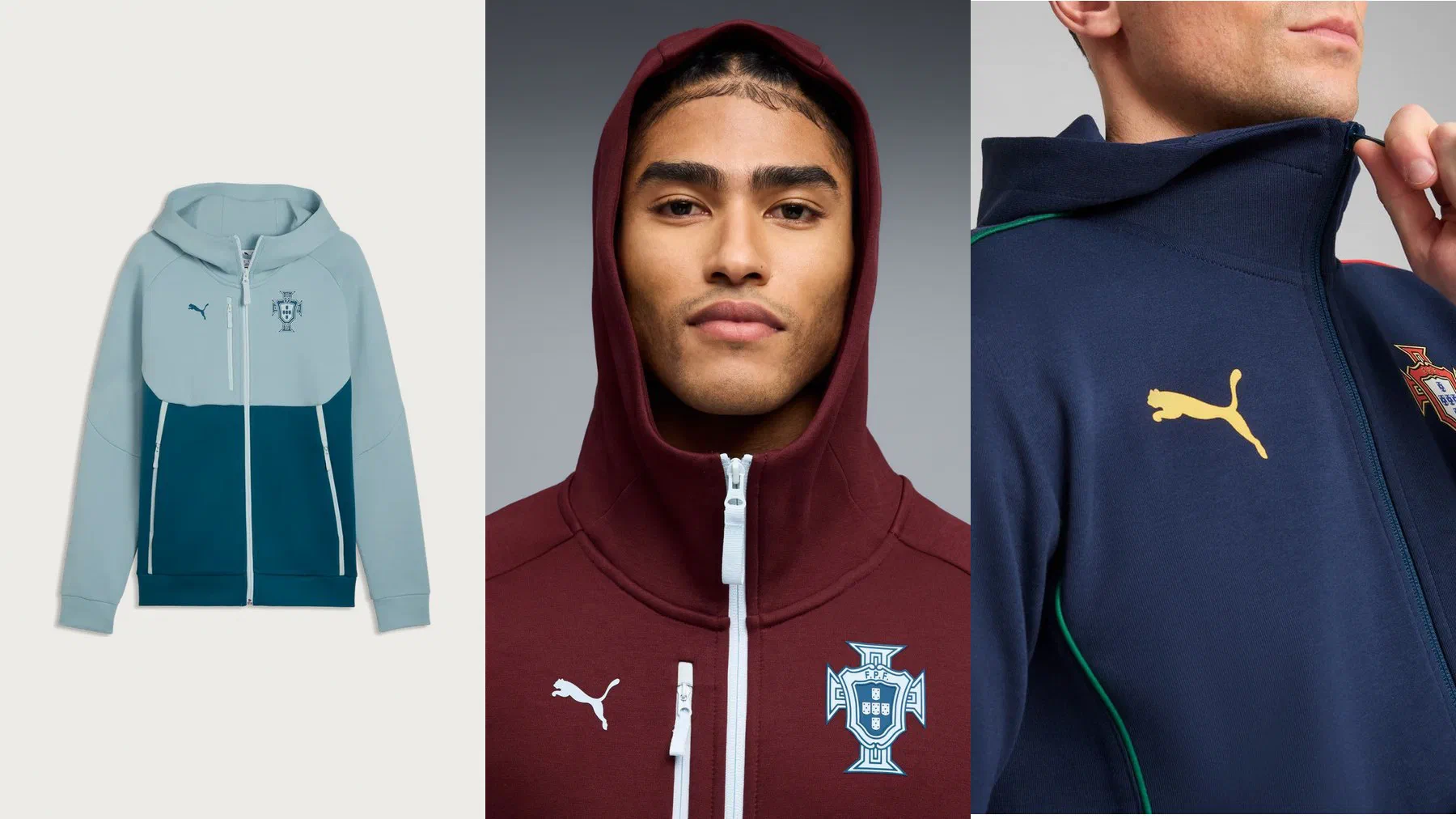 Veste PumaTech Portugal bleu ciel et bleu canard, portrait capuche relevée dans la veste bordeaux, gros plan sur le félin jaune de la veste Casuals marine