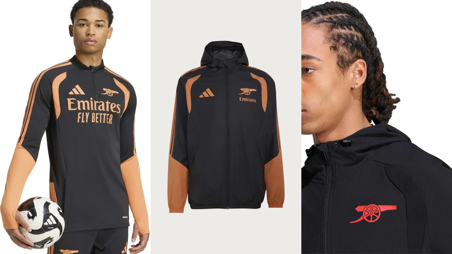 Haut d'entraînement Arsenal 2026/27 noir à manches orange, veste imperméable noire et orange et coupe-vent Travel noir à canon rouge