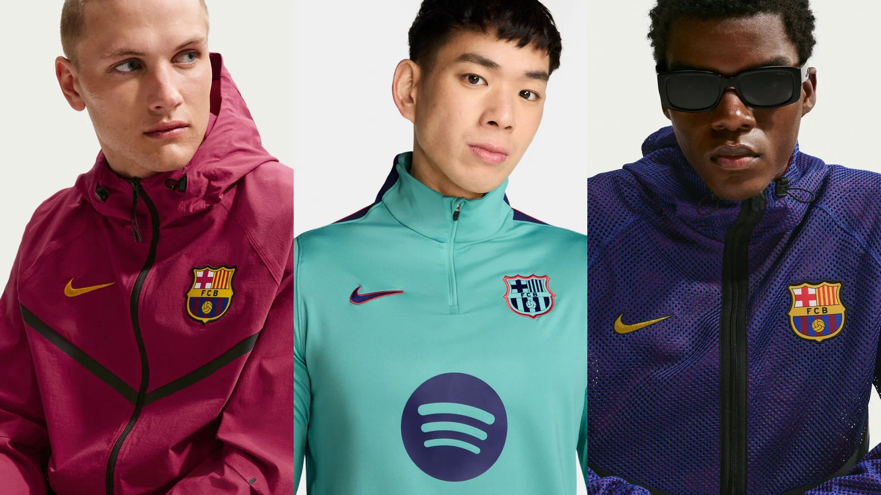 Veste Tech Woven FC Barcelone grenat à capuche, haut Strike turquoise et veste Anthem bleu violet en mesh, portés