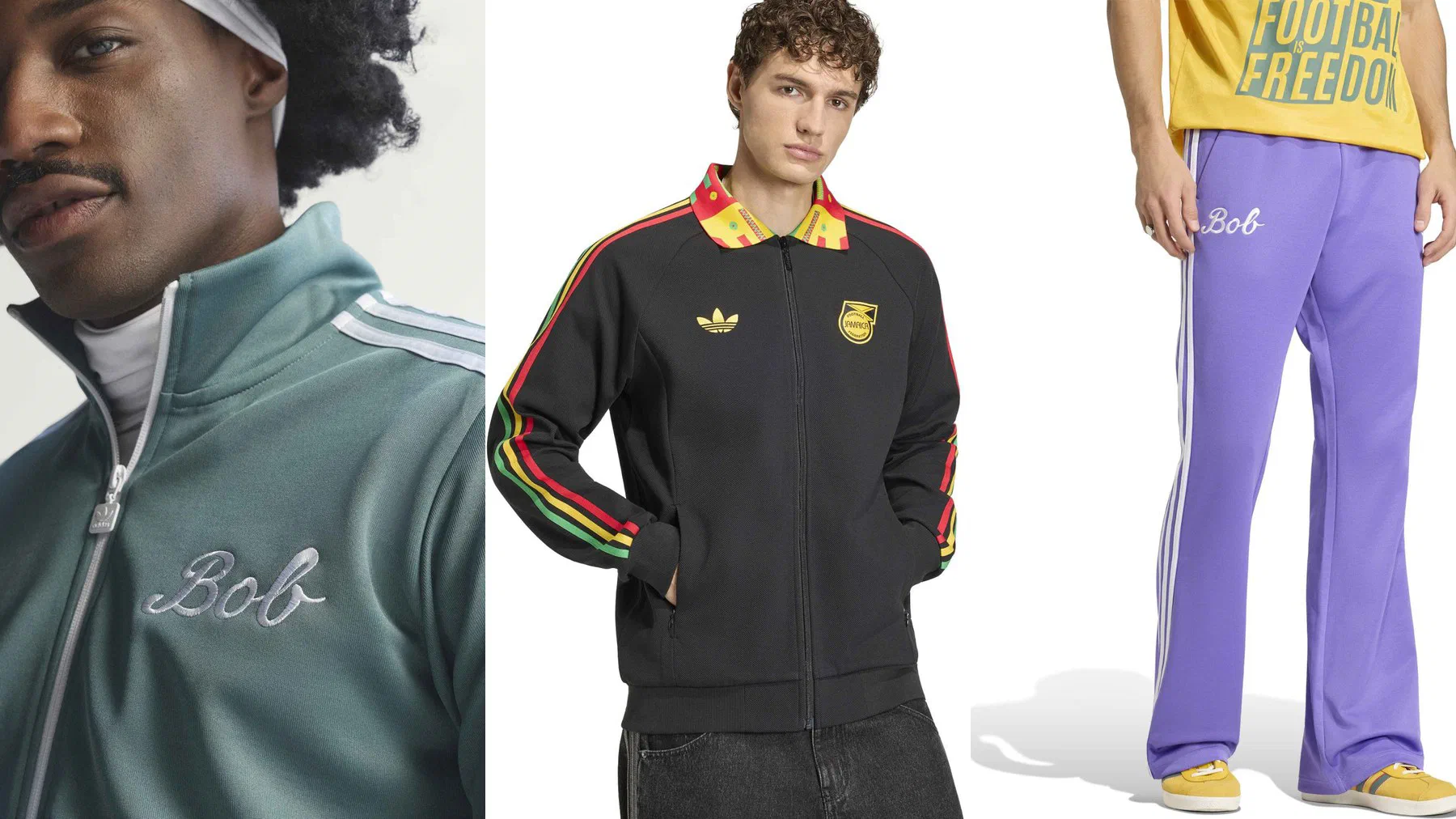 Veste de survêtement Bob Marley Originals vert émeraude brodée Bob, veste Jamaïque noire au col imprimé et pantalon violet à trois bandes blanches