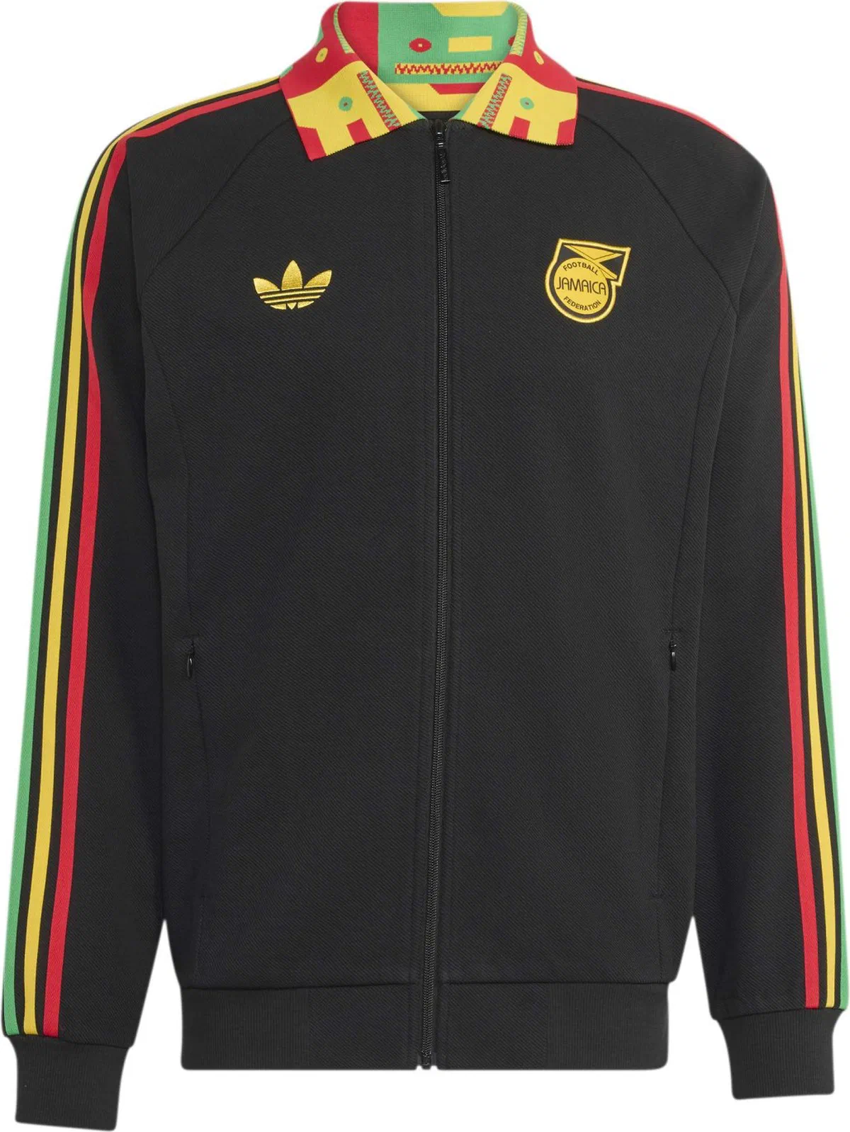 Veste Jamaïque x Bob Marley Originals noire, bandes rouge, jaune et vert sur les manches, col imprimé