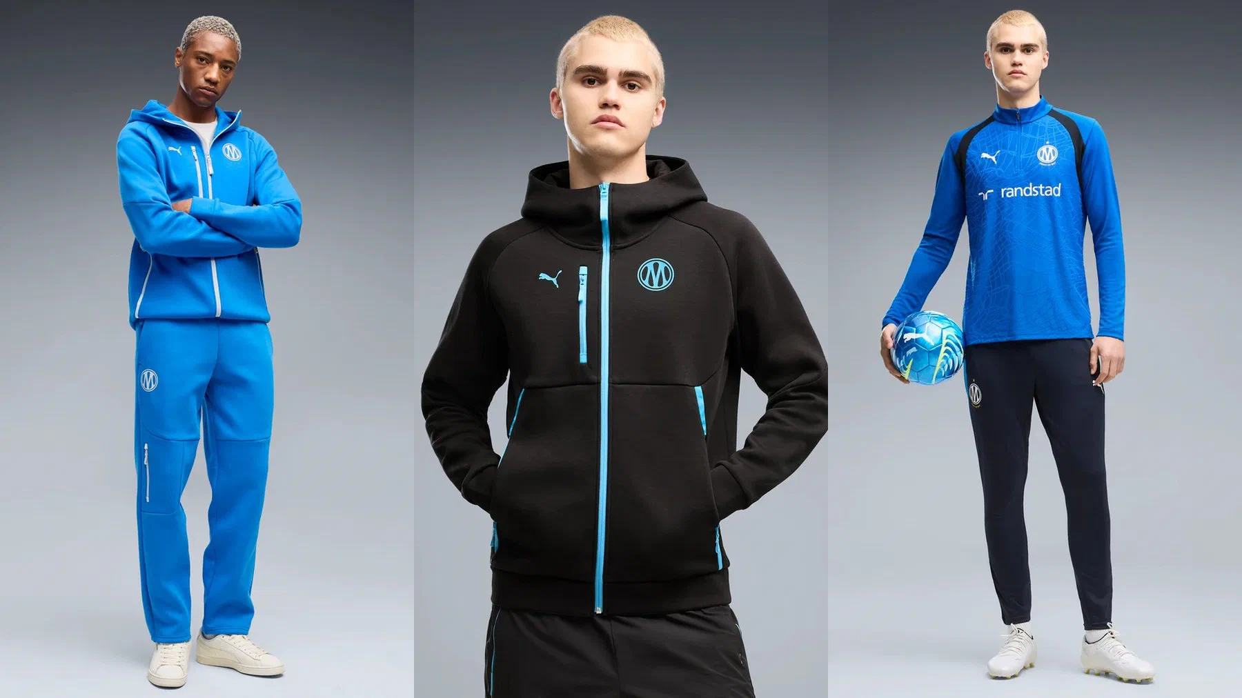 Ensemble PumaTech OM bleu vif porté en pied, veste à capuche PumaTech noire à zips bleu ciel, et haut d'entraînement bleu roi floqué Randstad avec pantalon marine
