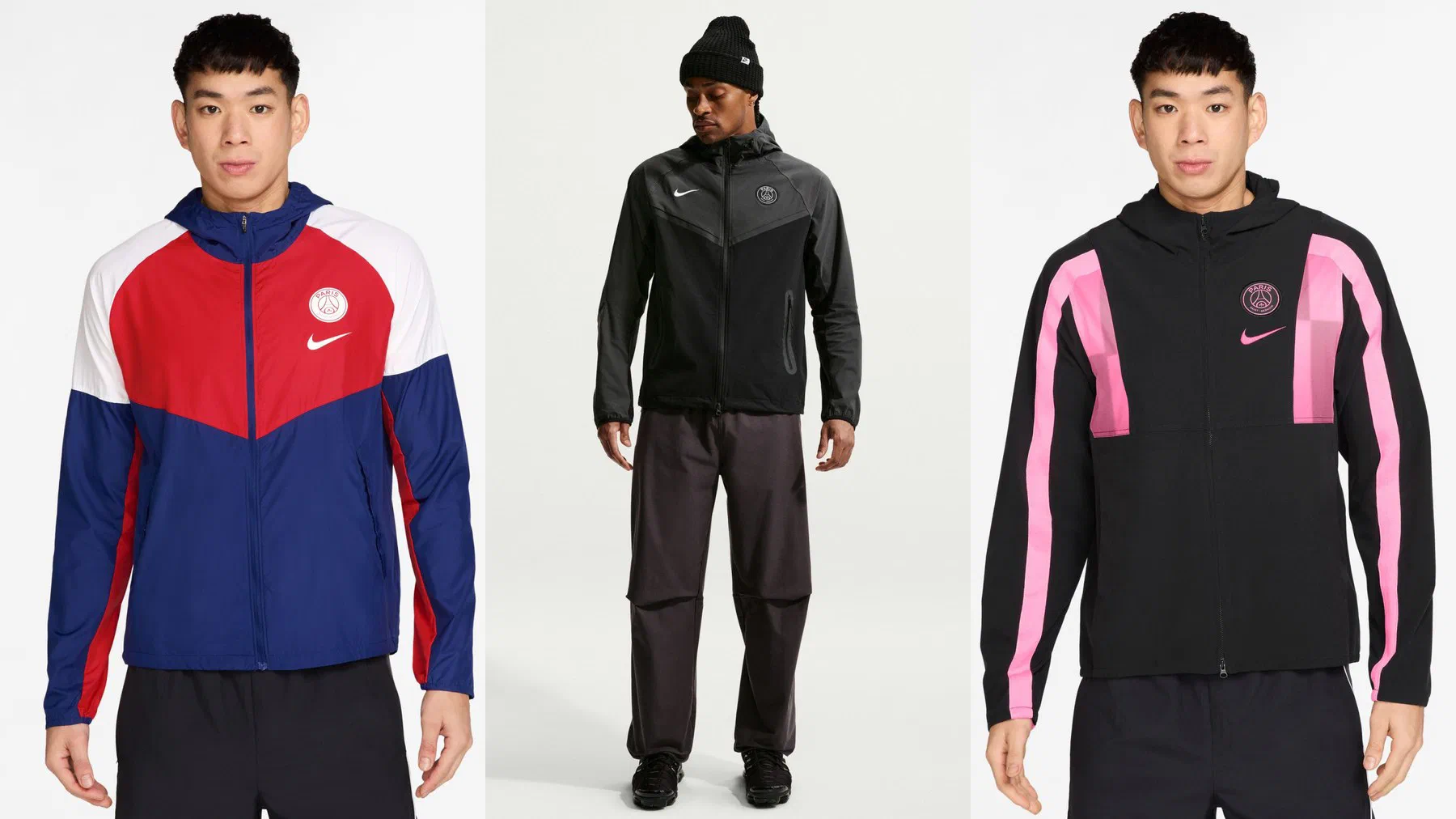 Coupe-vent PSG bleu, rouge et blanc, veste Tech Woven noire et anthracite portée en pied, et veste Energy noire à bandes roses