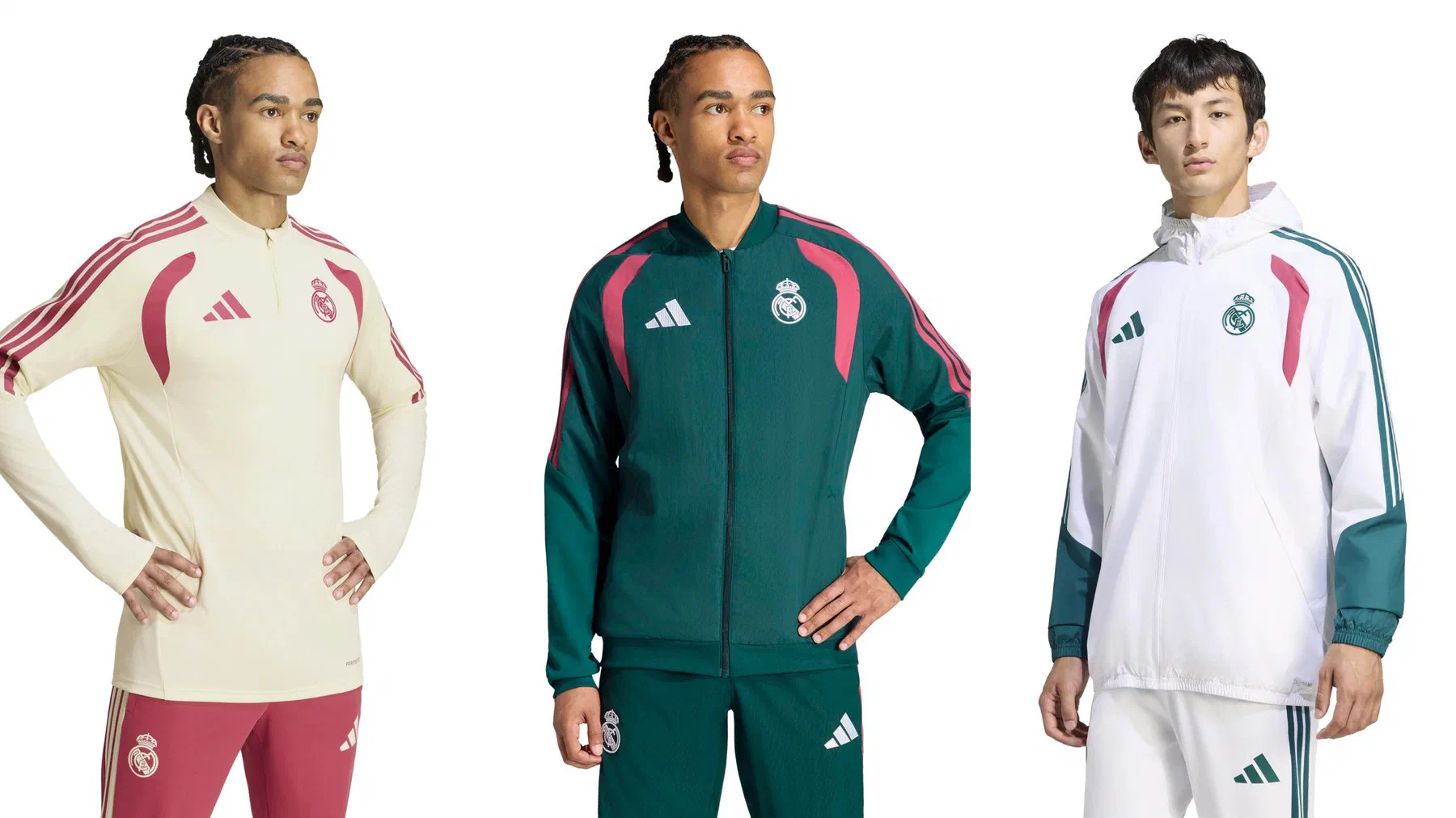 Haut d'entraînement Real Madrid ivoire à bandes framboise avec pantalon framboise, veste vert sapin à empiècements roses et veste imperméable blanche à manches vert canard portés