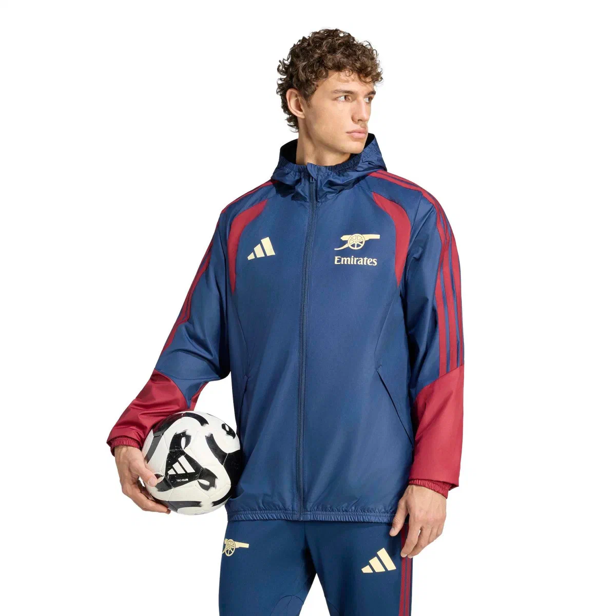 Veste imperméable Arsenal bleue à manches rouges, canon et sponsor jaune pâle