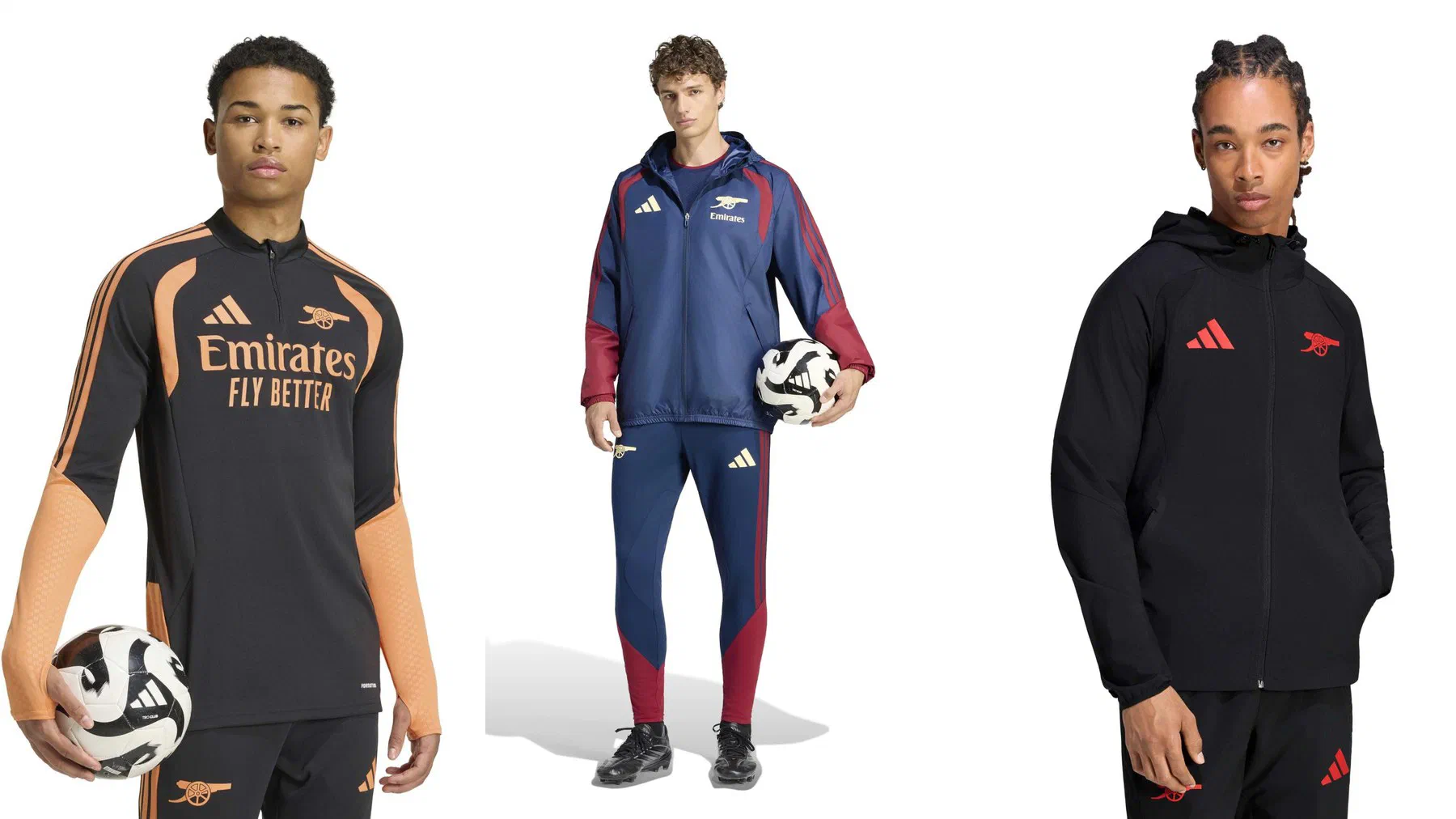 Haut d'entraînement Arsenal noir et orange floqué Emirates, veste imperméable marine à manches bordeaux portée en pied avec le pantalon assorti, et coupe-vent noir au canon rouge