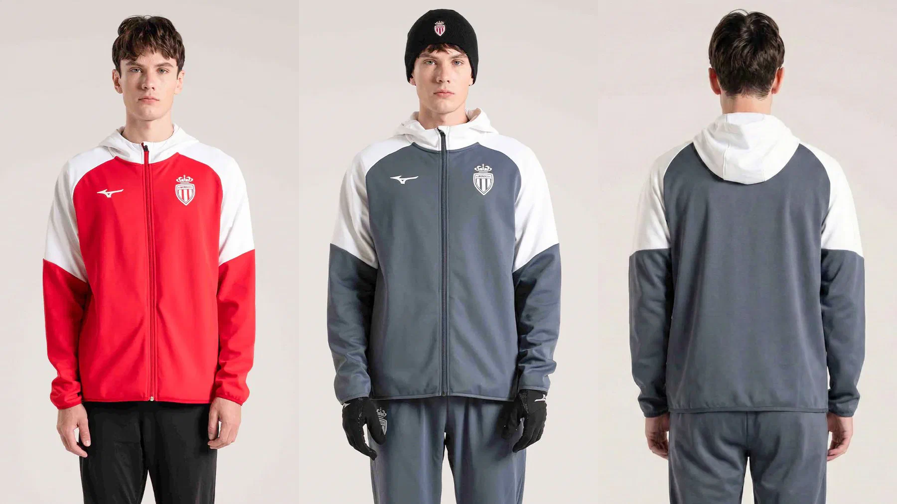 Veste à capuche AS Monaco Mizuno rouge et blanche portée, la même en gris anthracite et blanc de face puis de dos