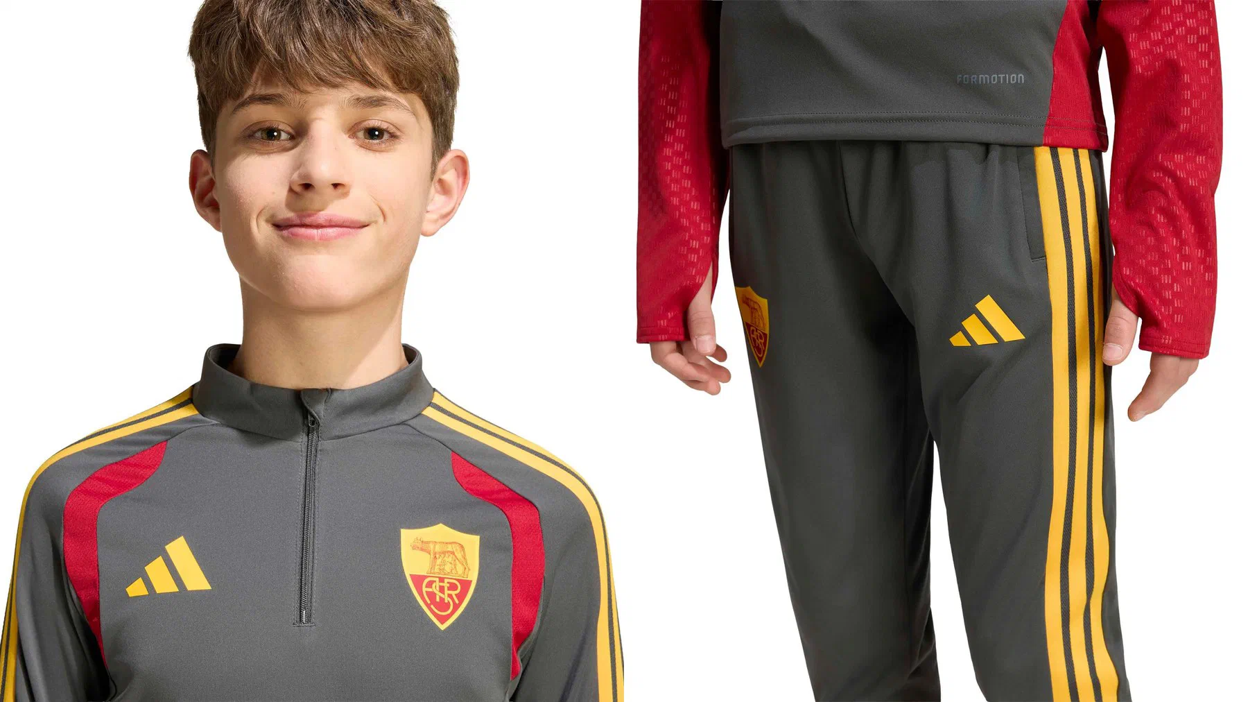 Sweat d'entraînement junior AS Roma gris à épaules rouges et bandes jaunes porté, et pantalon junior gris à trois bandes jaunes