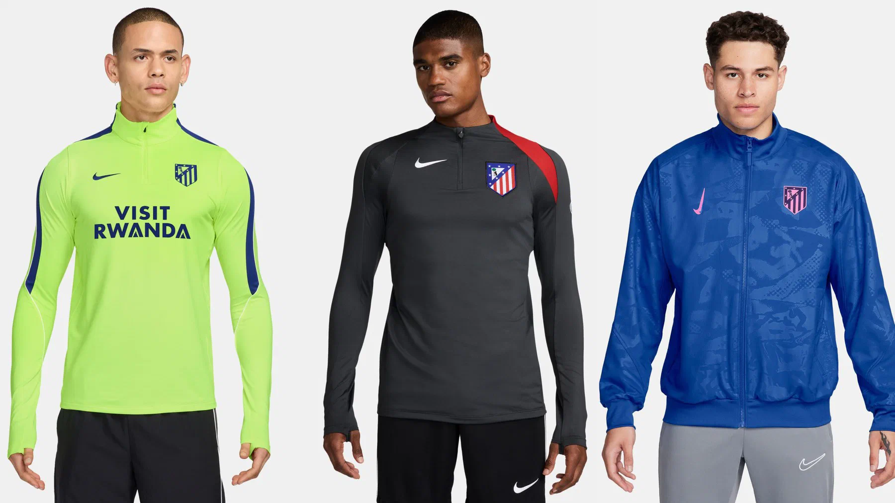 Sweat Strike jaune fluo à épaules marine, sweat Strike gris anthracite à épaule rouge et veste Anthem bleu roi à virgule rose de l'Atlético de Madrid portés