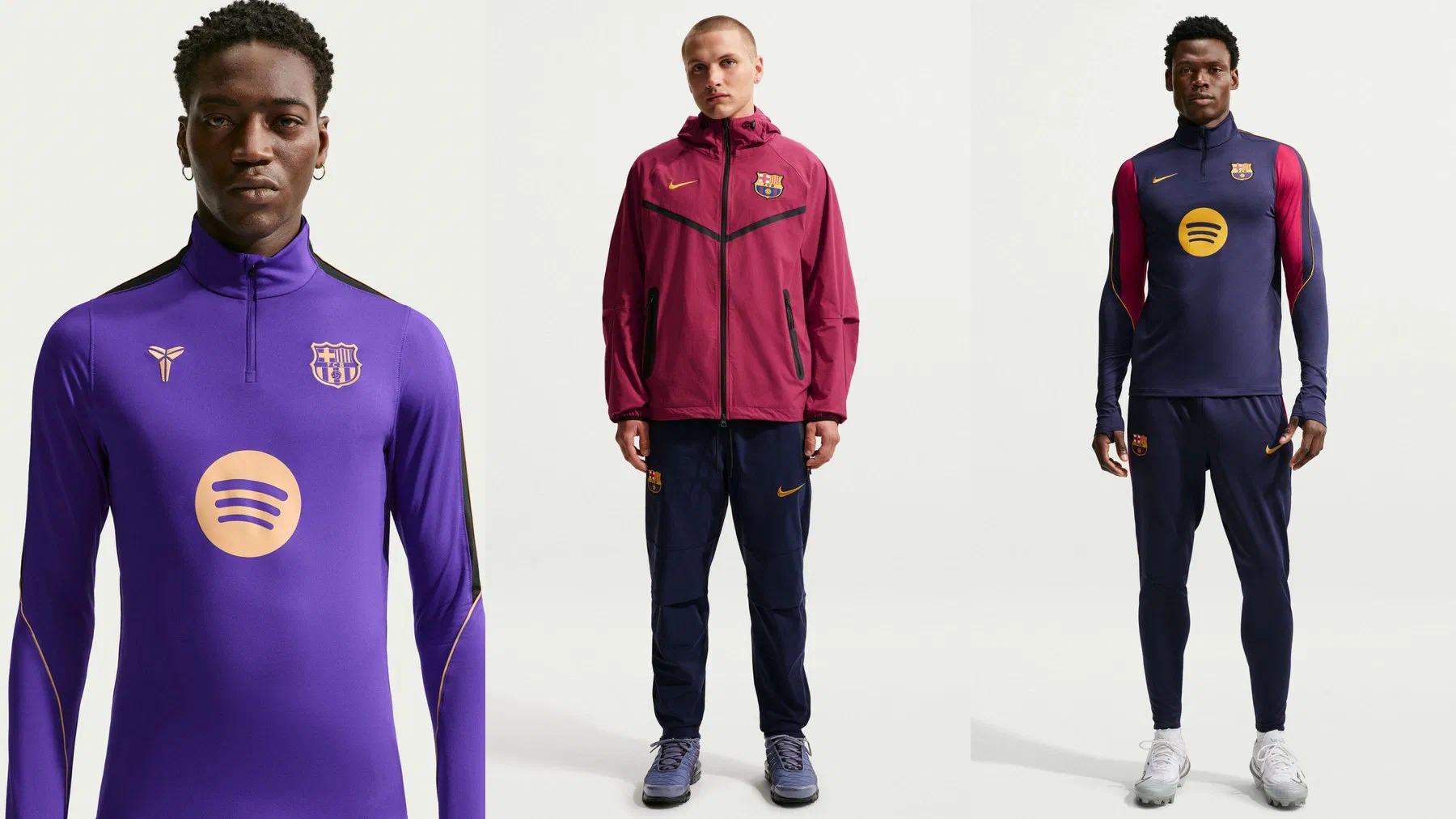 Haut d'entraînement FC Barcelone x Kobe Bryant violet, veste Tech Woven grenat portée avec un pantalon marine, et ensemble Strike bleu nuit à manches grenat porté en pied