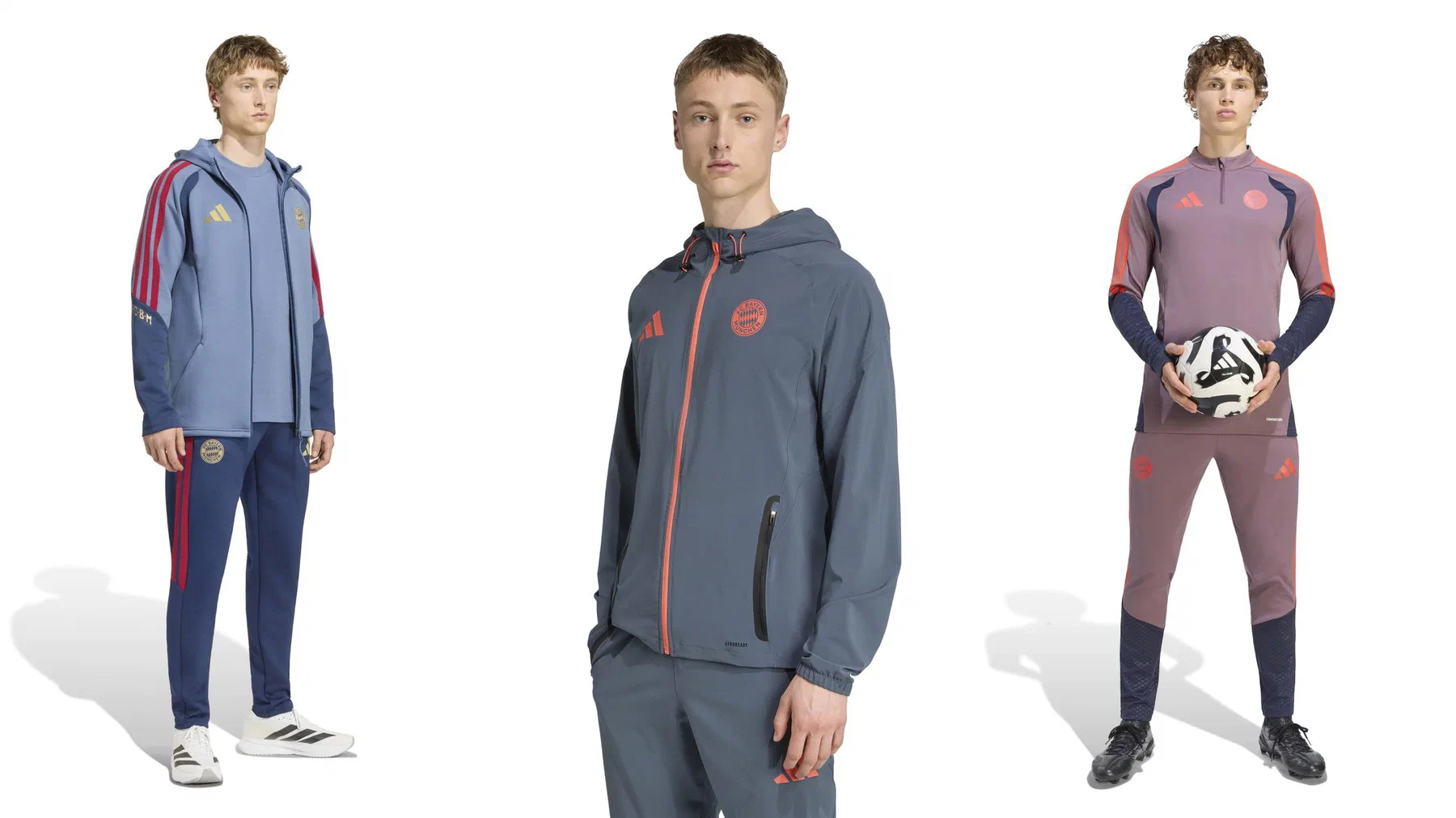 Veste à capuche et pantalon tissés du Bayern Munich bleu acier et marine à bandes rouges, veste Vis Tech gris ardoise à zip corail, et ensemble d'entraînement mauve et marine portés