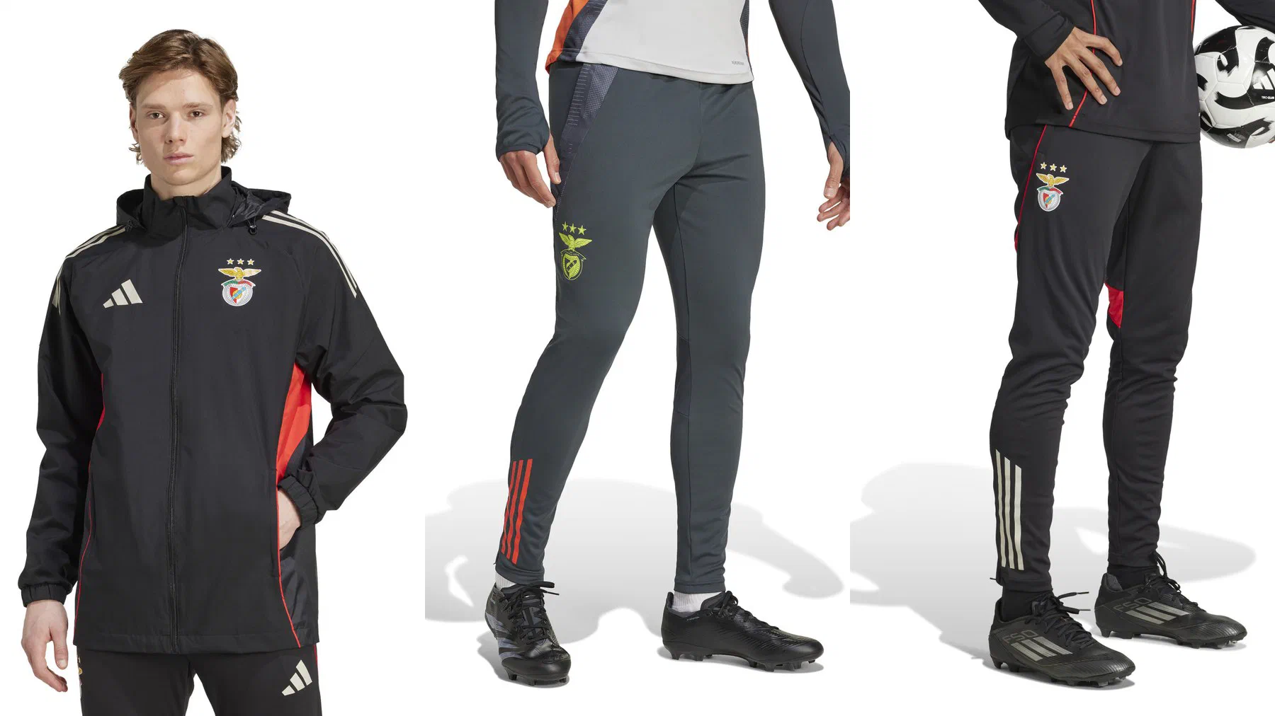 Veste imperméable Benfica noire à flancs rouges portée, pantalon gris anthracite à bandes rouge orangé et pantalon noir à bandes crème
