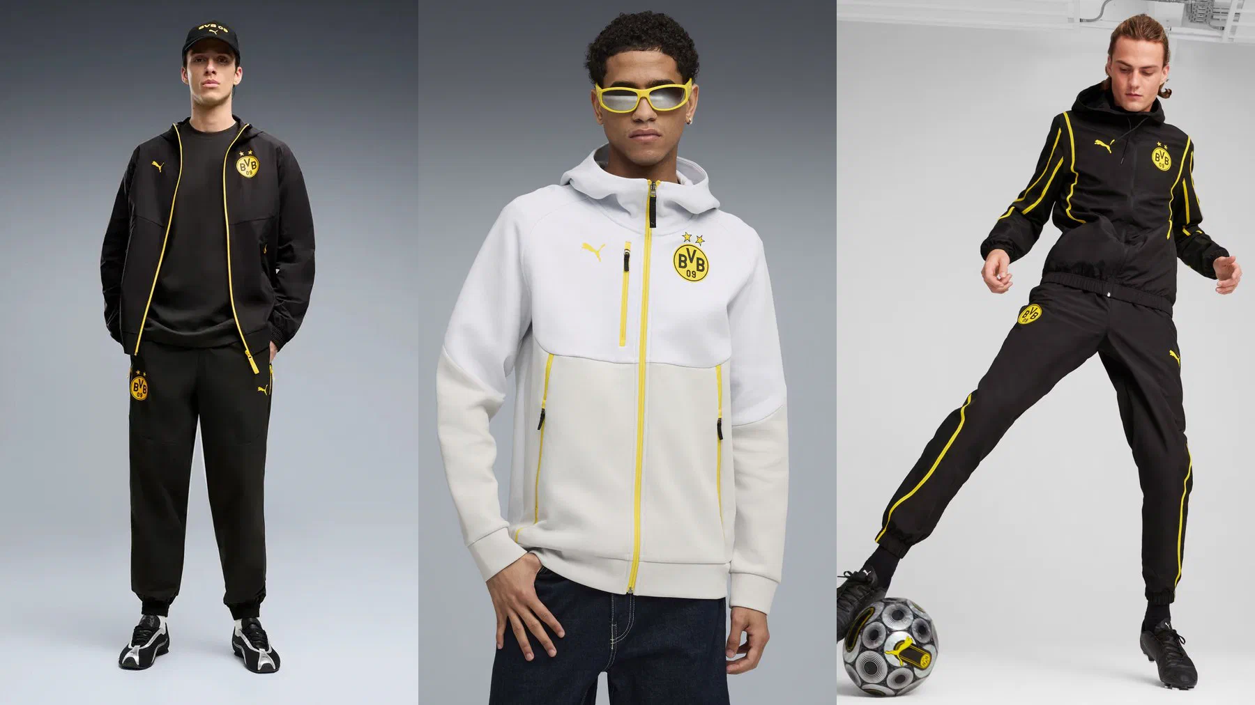 Ensemble PumaTech tissé noir à zip jaune du Borussia Dortmund porté avec une casquette BVB, veste à capuche PUMATECH blanche et écrue à zips jaunes, et tenue d'avant-match noire à liserés jaunes portée ballon au pied