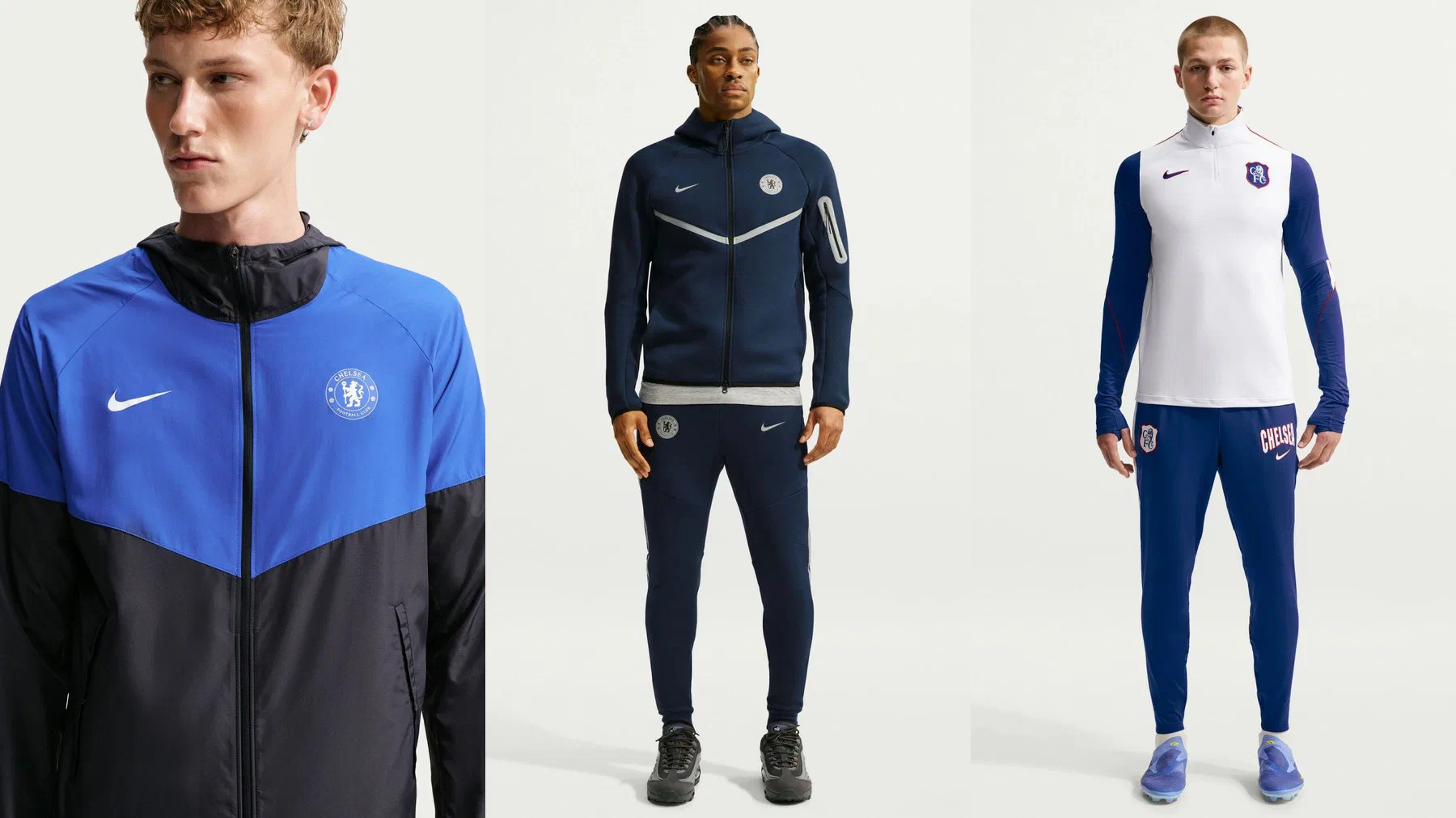 Coupe-vent Chelsea bleu roi et noir, ensemble Tech Fleece marine à chevron gris porté en pied, et haut Strike blanc à manches bleues avec pantalon bleu floqué CHELSEA