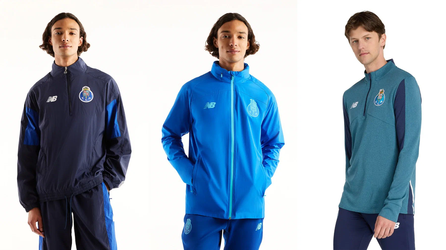 Haut tissé FC Porto bleu marine, veste bleu vif et sweat zippé bleu canard, portés