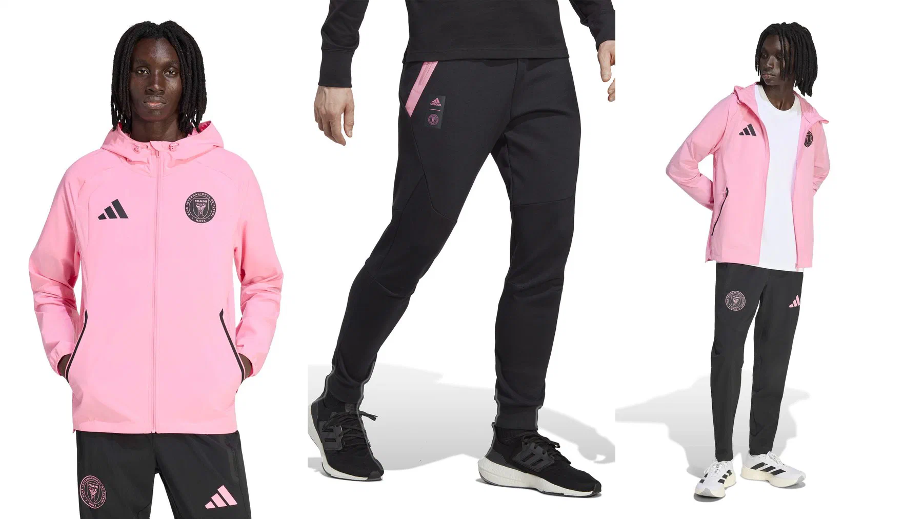 Veste à capuche Inter Miami rose portée de face, pantalon noir à poche rose et tenue complète veste rose et pantalon noir
