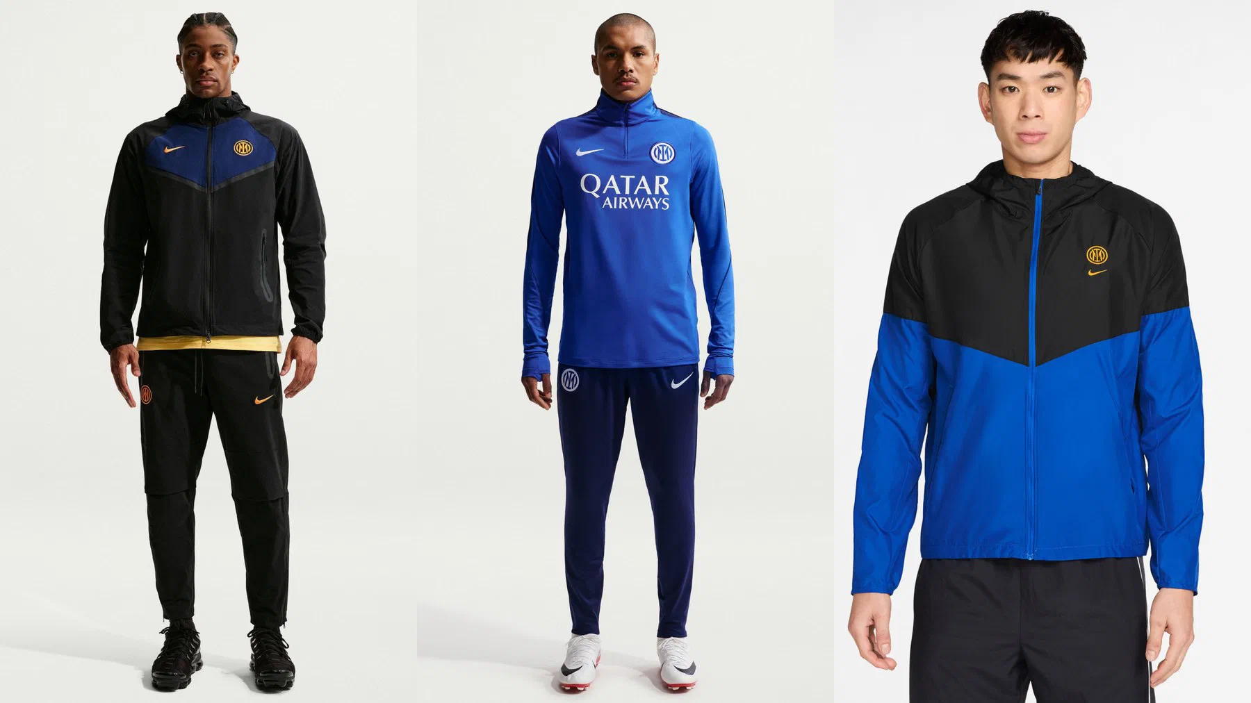 Veste Tech Woven Inter Milan noire à chevron bleu nuit avec son pantalon noir, ensemble Strike bleu roi et marine floqué Qatar Airways, et coupe-vent noir et bleu roi portés