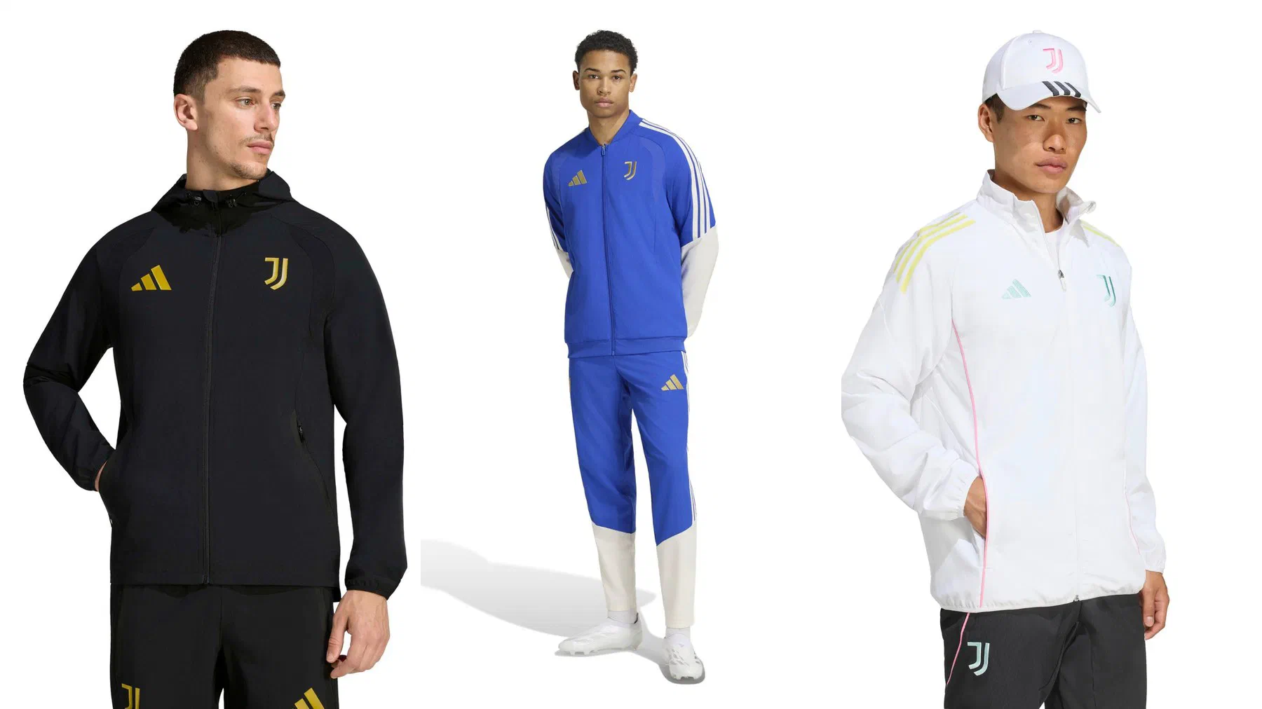 Veste Travel Juventus noire à logos or, ensemble tissé bleu roi et blanc porté en pied, et veste blanche à bandes jaunes et liserés roses portée avec une casquette du club