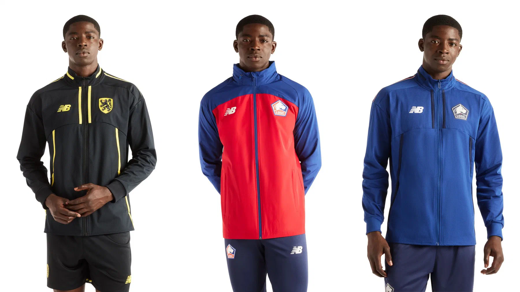 Veste d'avant-match LOSC noire à liserés jaunes et lion des Flandres, veste imperméable rouge et bleu et veste d'avant-match bleue, portées