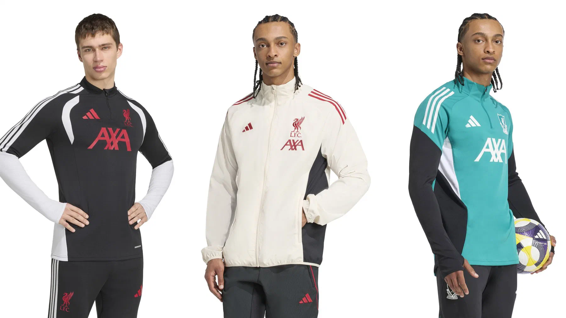 Haut d'entraînement Liverpool noir floqué AXA, veste Woven crème à bandes rouges et haut d'entraînement vert canard et noir portés