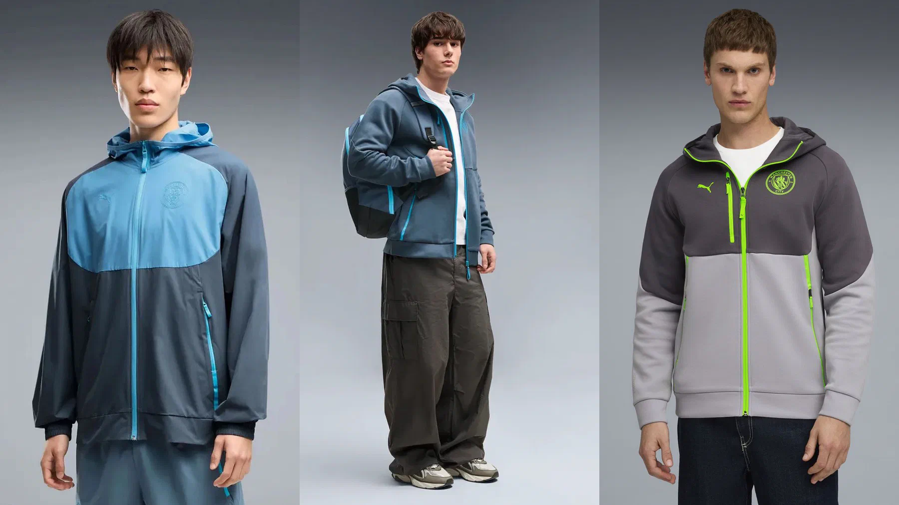 Veste à capuche Manchester City PumaTech Woven bleu ciel et bleu ardoise, veste à capuche PumaTech bleu acier portée avec un sac à dos, et veste à capuche grise à zips vert fluo