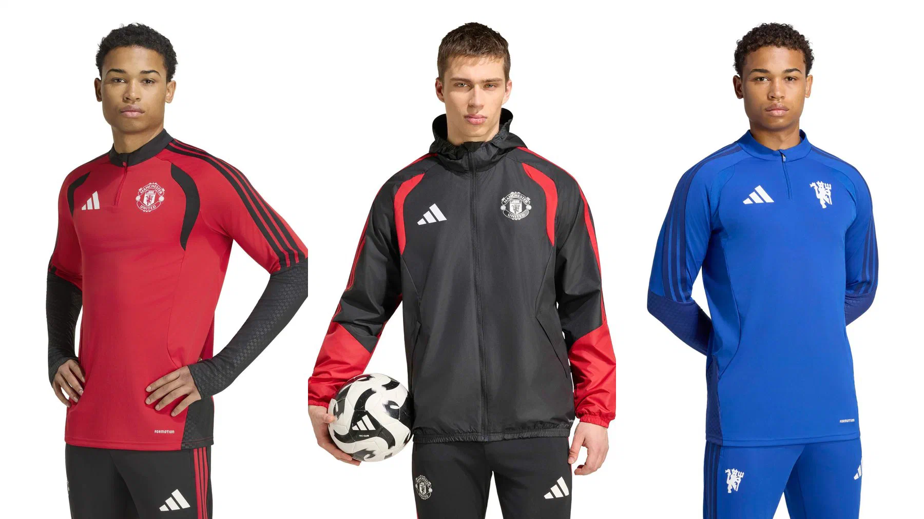 Haut d'entraînement Manchester United rouge à manches noires, veste imperméable noire et rouge portée avec un ballon, et haut d'entraînement bleu roi au diable rouge blanc