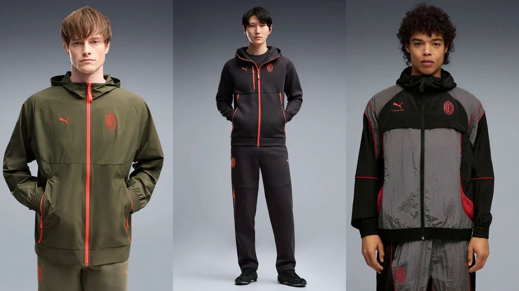 Veste tissée PumaTech Milan AC vert olive à zip orange, ensemble PumaTech noir à zips orange porté en pied, et veste Milan AC x Slam Jam grise et noire à liserés rouges