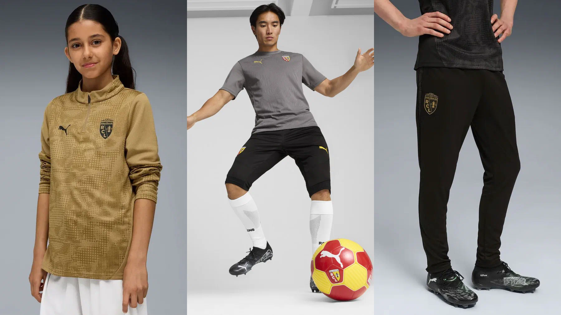 Sweat zippé junior RC Lens doré porté par une jeune fille, pantalon 3/4 noir avec ballon du club et pantalon noir à écusson doré, portés